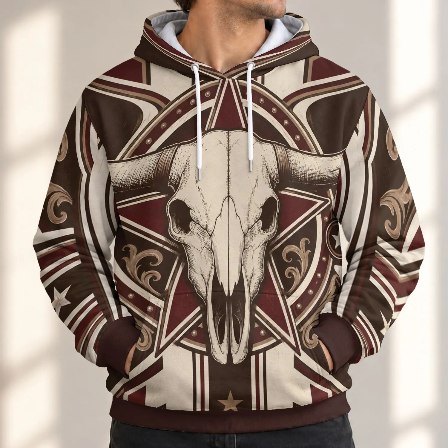 Engraved Bull Skull And Western Stars For Rodeo Nights And Everyday Western Style All-over Print Hoodie (Lightweight) - 1
