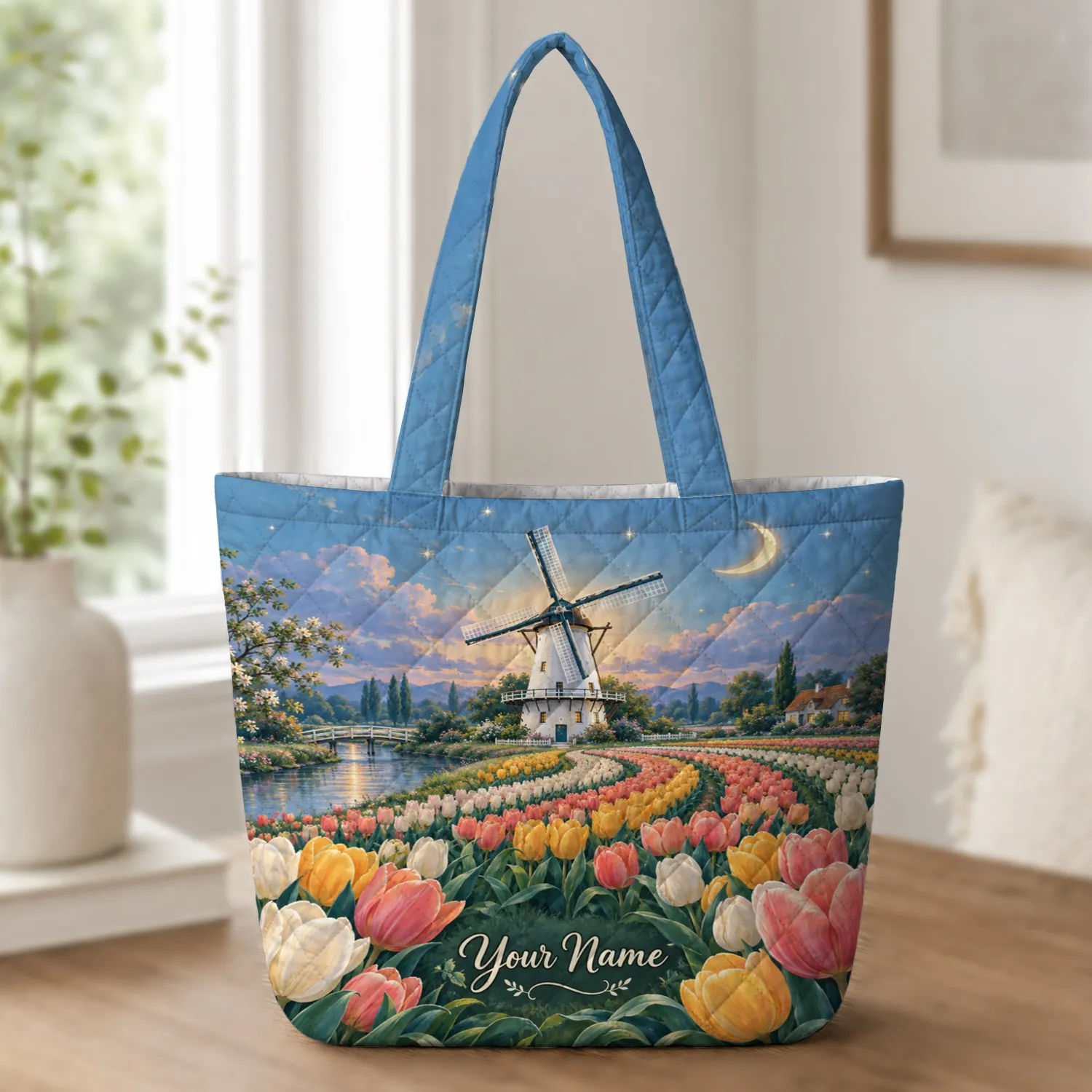 Moonlit Windmill Tulip Garden Art For Springtime Gifting And Cottagecore Style Quilted Tote Bag - 1