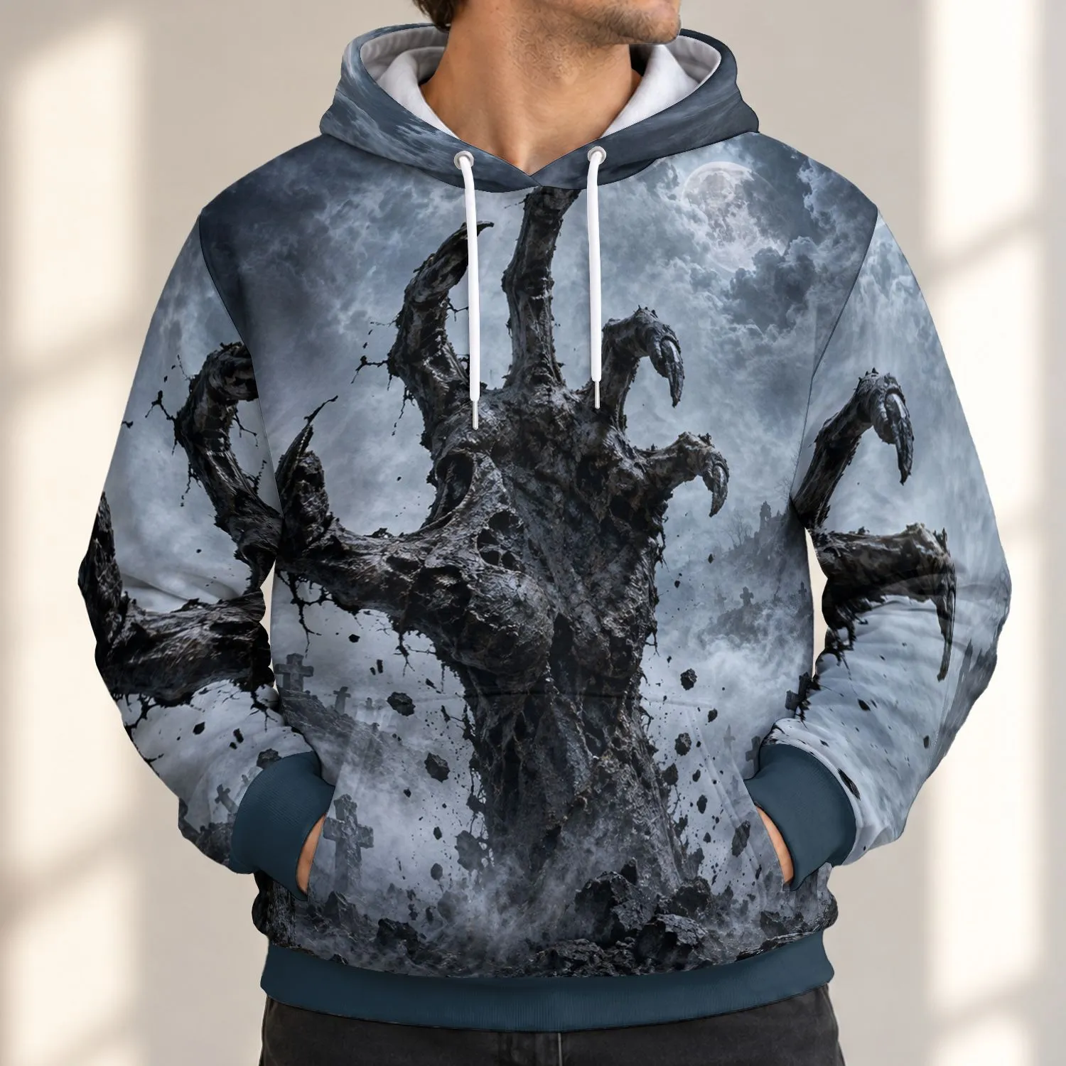 Foggy Graveyard And Reaching Undead Hand For Eerie Halloween Nights And Dark Style All-over Print Hoodie (Lightweight) - 1