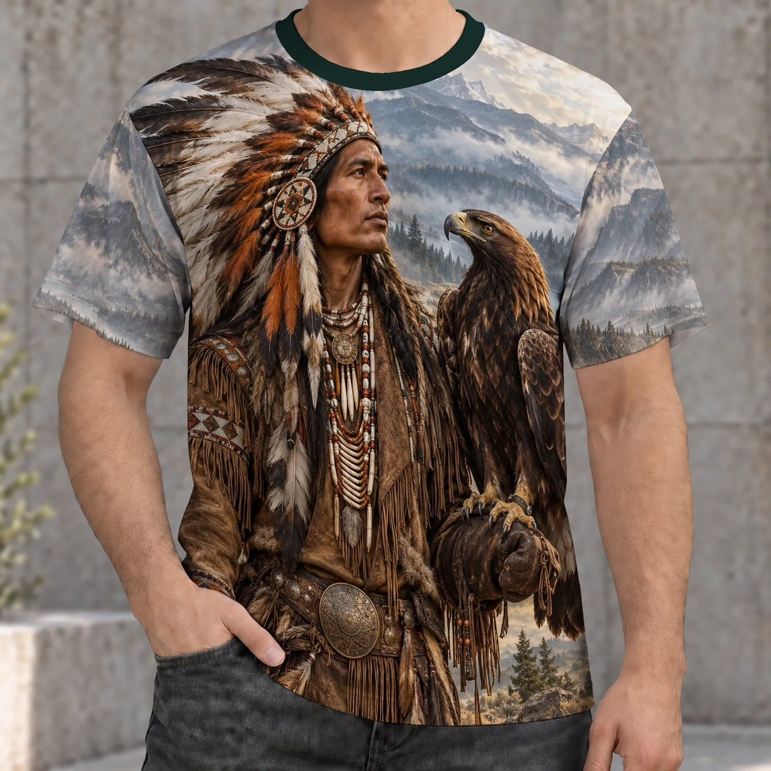 Indigenous Warrior and Eagle Portrait for Everyday Wear and Cultural Appreciation All-over Print Unisex T-shirt - 1