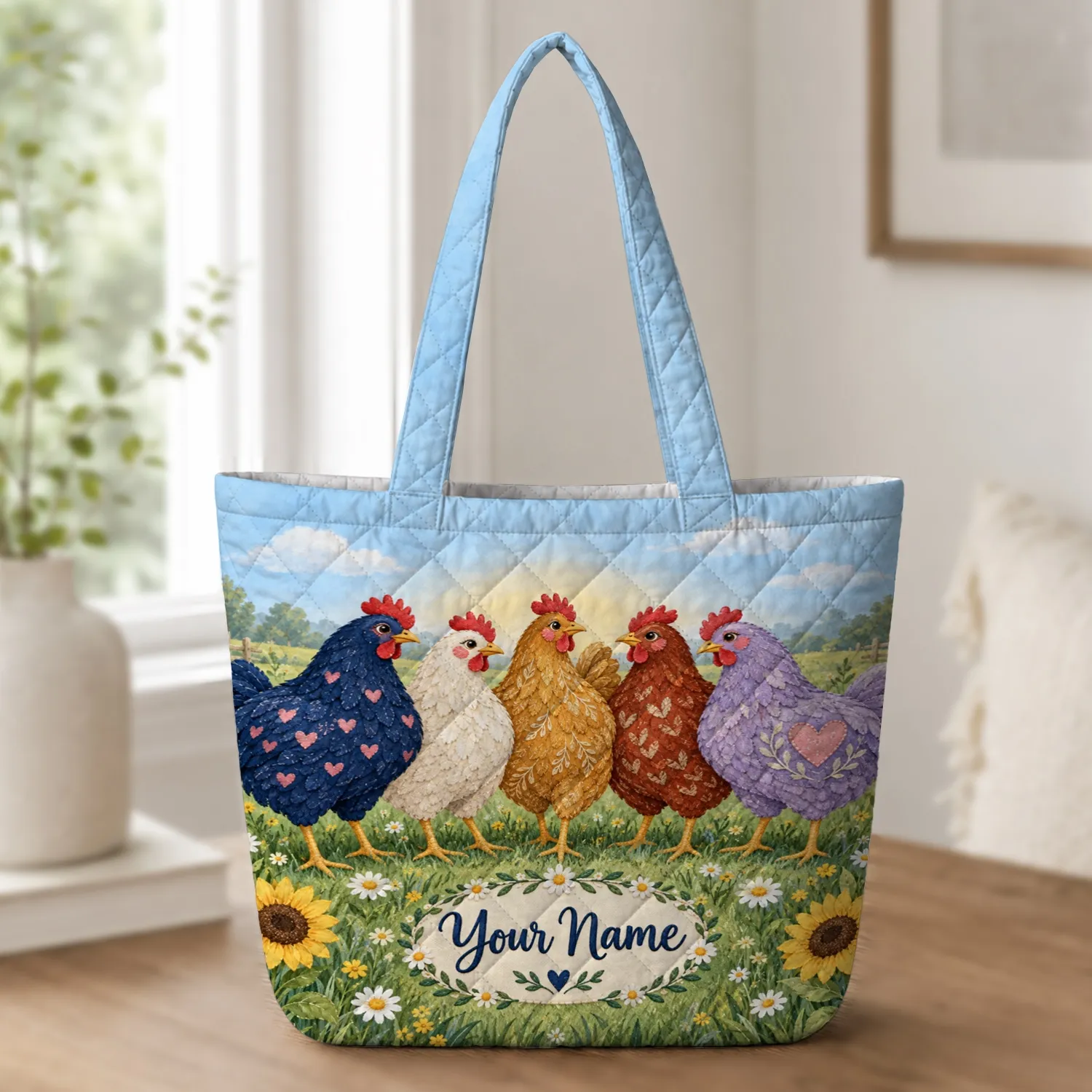 Five Colorful Farm Chickens in a Wildflower Meadow for Chicken Lovers and Gardeners Quilted Tote Bag - 1