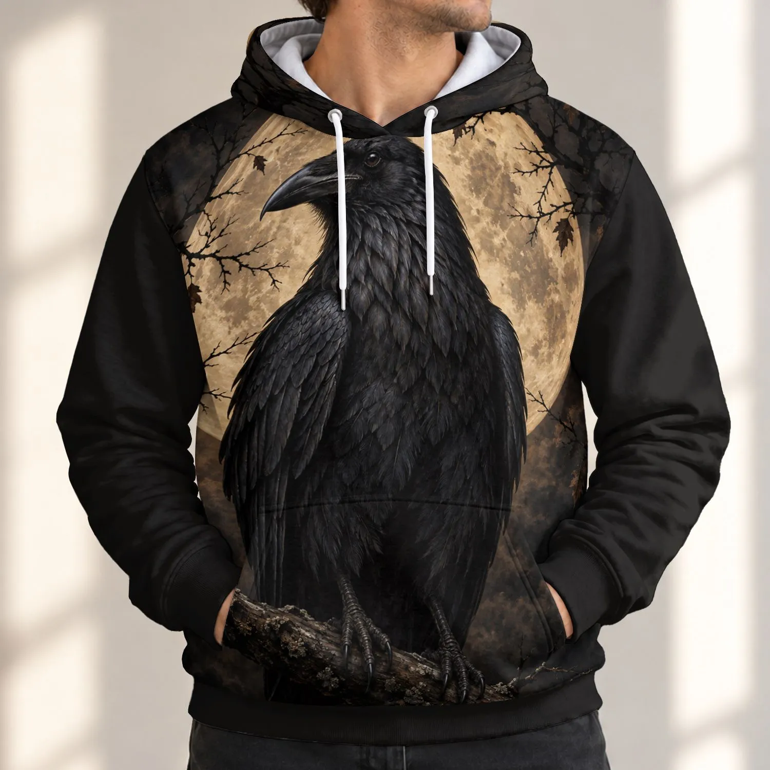 Midnight Raven Beneath a Harvest Moon for Halloween Nights and Gothic Nature Enthusiasts All-over Print Hoodie (Lightweight) - 1