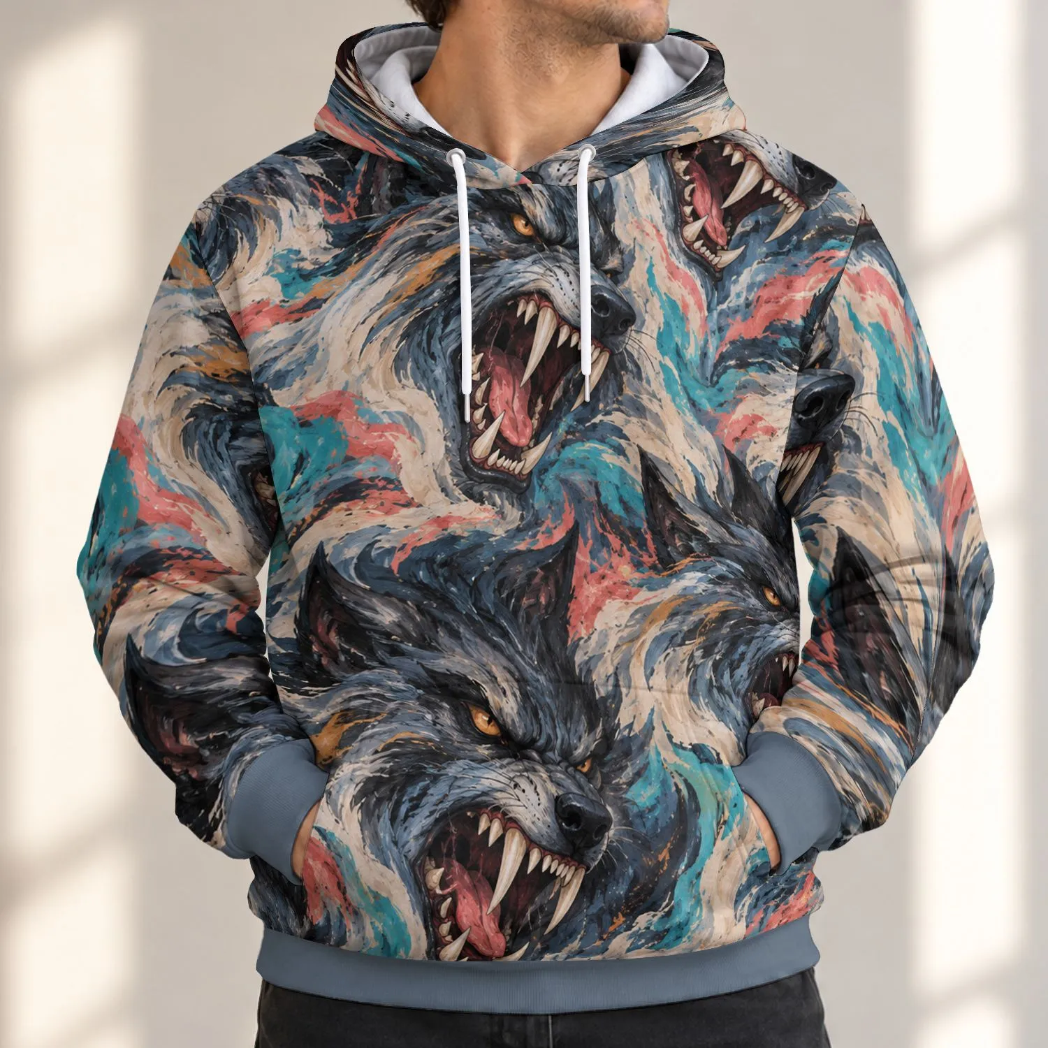 Snarling Fantasy Wolf Faces For Outdoor Adventures And Everyday Bold Style All-over Print Hoodie (Lightweight) - 1