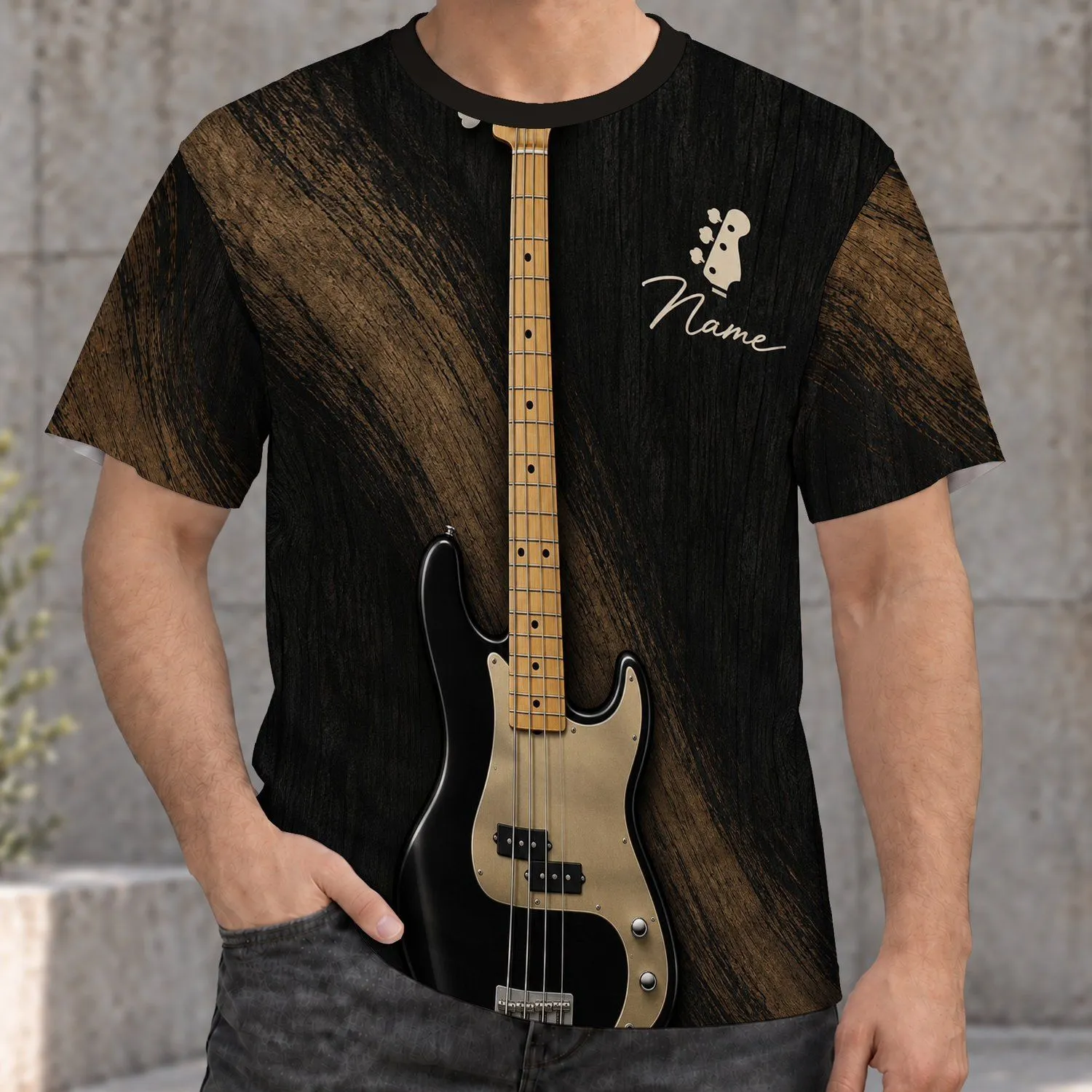 Electric Bass Guitar Woodgrain Look for Stage Nights and Music Practice Fans All-over Print Unisex T-shirt - 1
