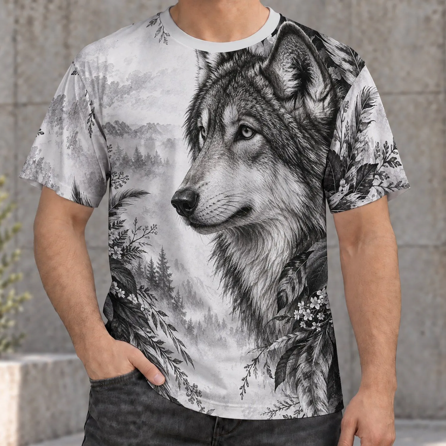 Detailed Wolf and Botanical Foliage for Nature Lovers and Woodland Escapes All-over Print Unisex T-shirt - 1