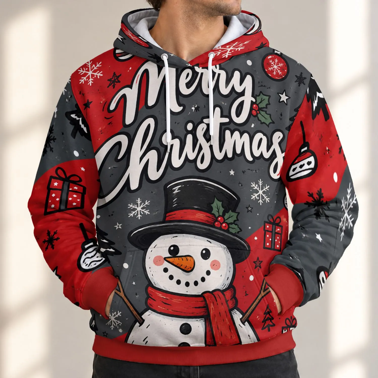 Cheerful Snowman and Christmas Doodles for Holiday Parties and Winter Cheer All-over Print Hoodie (Lightweight) - 1