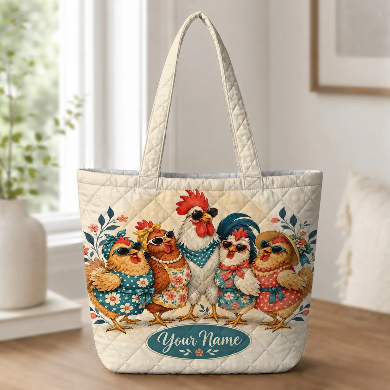 Whimsical Rooster And Hen Family Laundry Room Cheer For Farmhouse Chicken Lovers Gift Quilted Tote Bag - 1