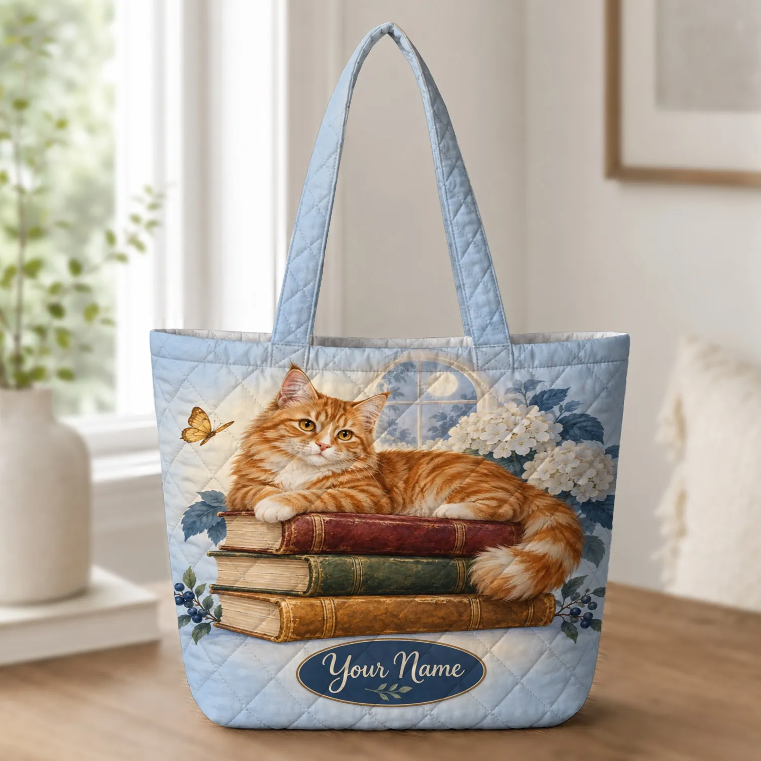 Ginger Cat Resting on Vintage Books for Cozy Reading Days and Cat Lover Gifts Quilted Tote Bag - 1