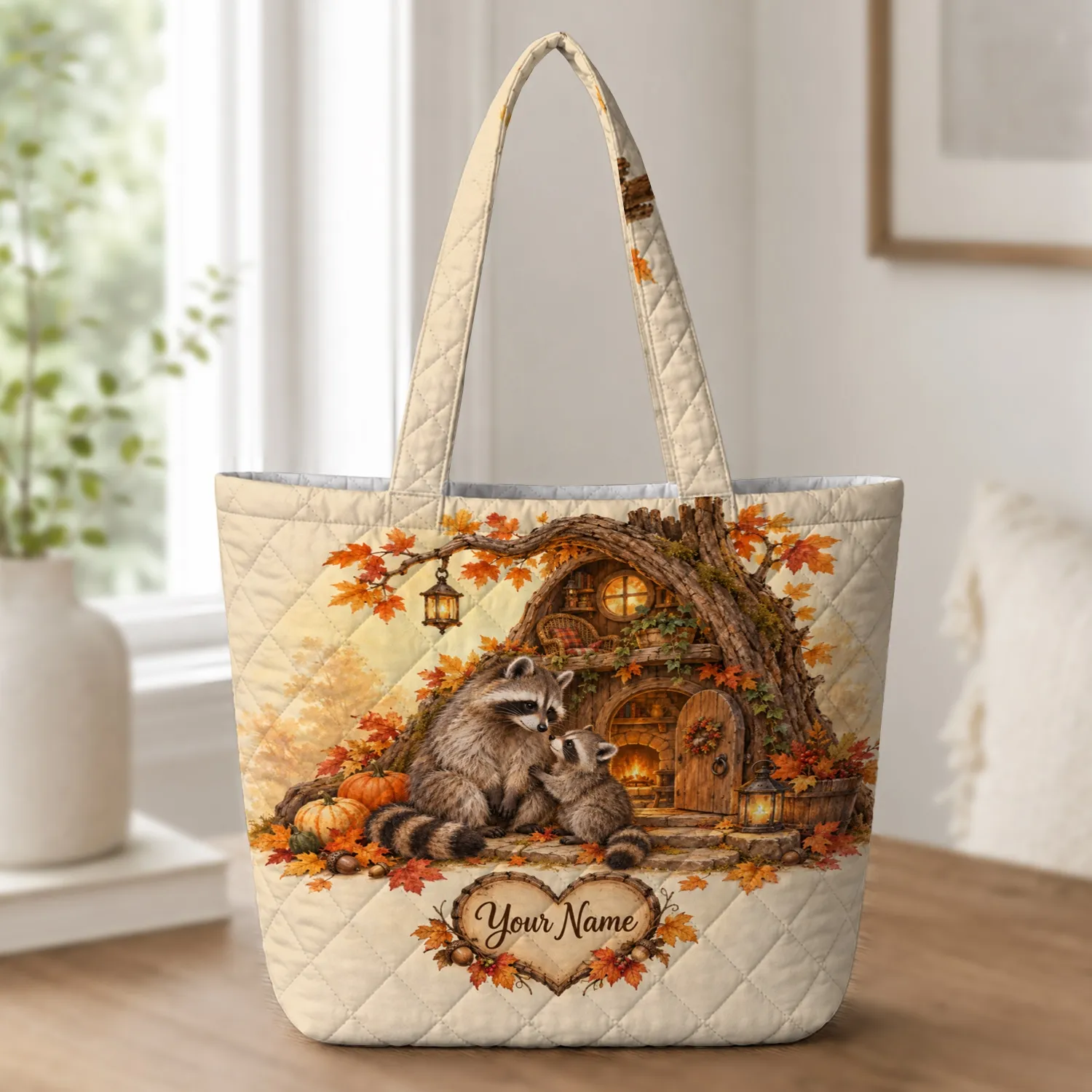 Autumn Raccoon Family Woodland Diorama for Cozy Fall Gifting and Nature Lovers Quilted Tote Bag - 1