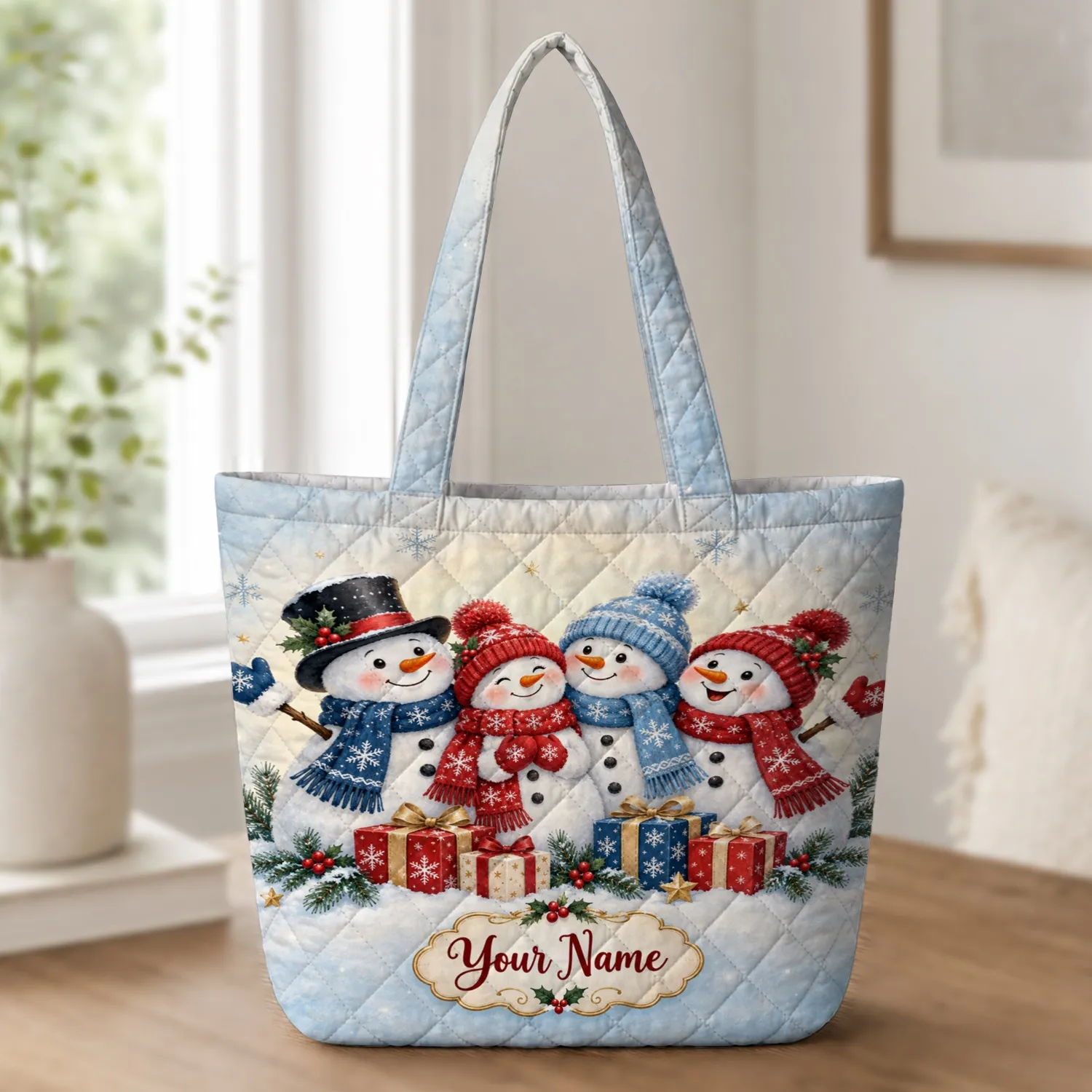 Christmas Snowman Family with Gift Boxes for Festive Winter Celebrations and Holiday Cheer Quilted Tote Bag - 1