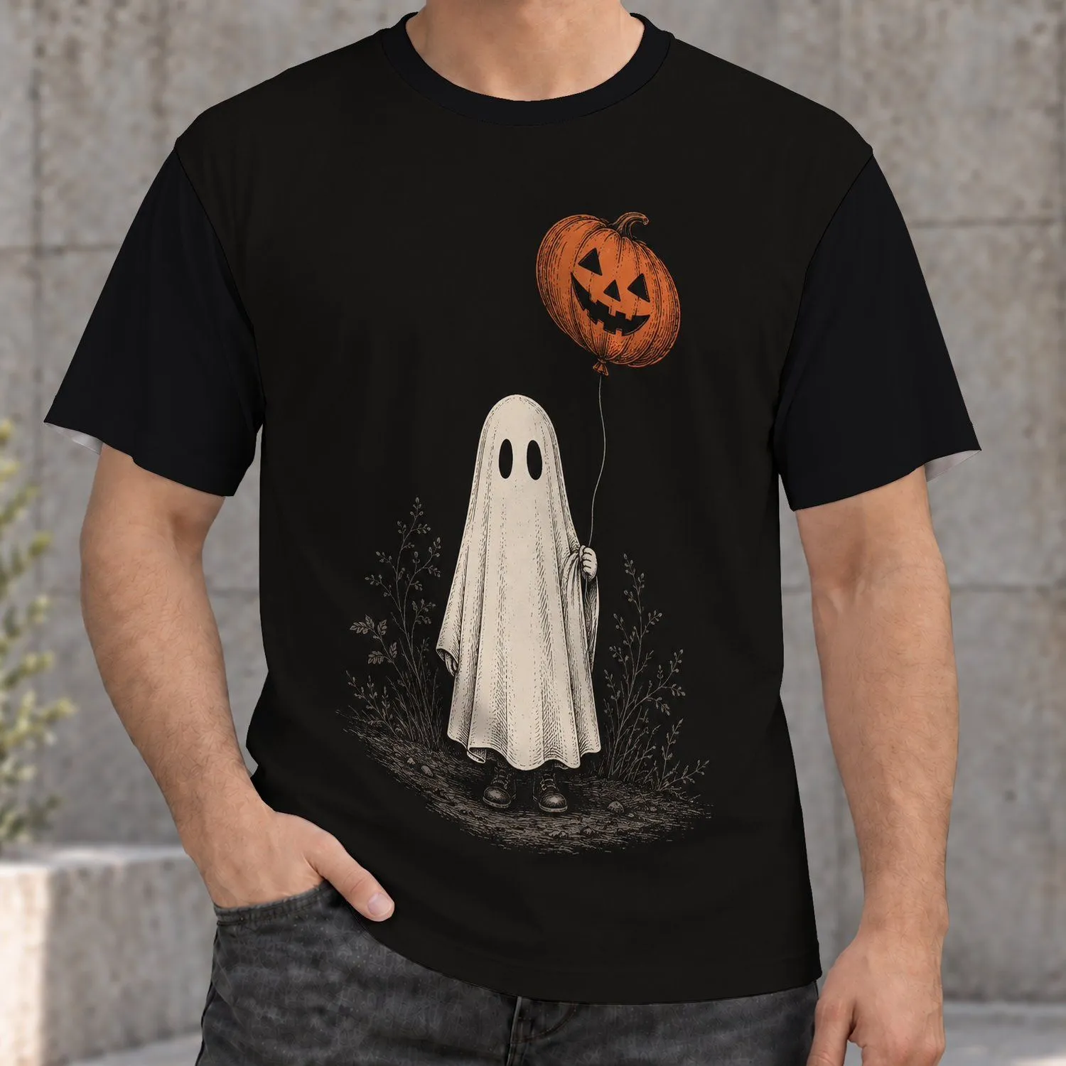 Ghost Holding Pumpkin Balloon for Halloween Night Festivities and Autumn Costume Parties All-over Print Unisex T-shirt - 1