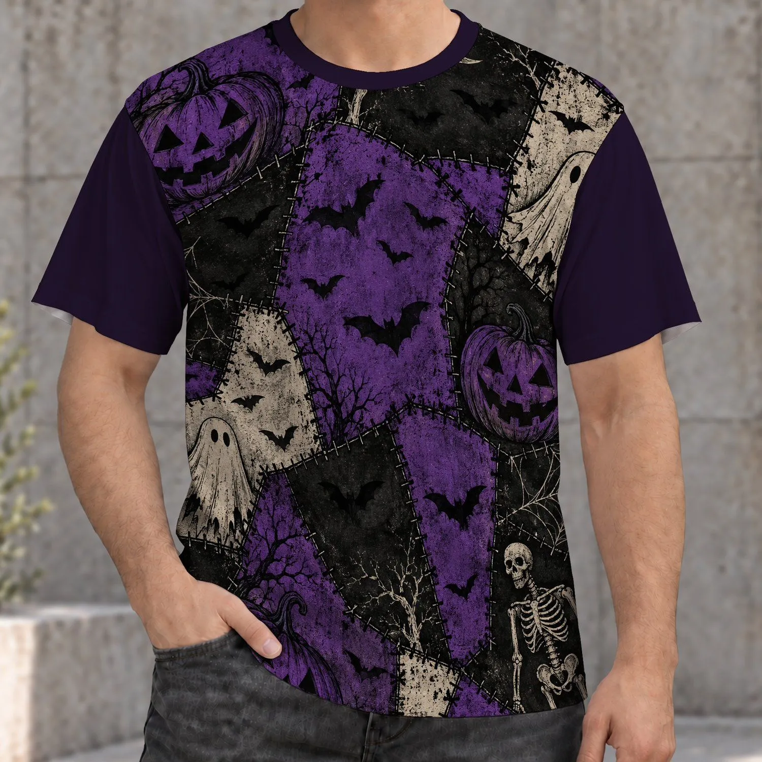 Purple Halloween Patchwork With Bats, Pumpkins and Ghosts for Spooky October Nights All-over Print Unisex T-shirt - 1