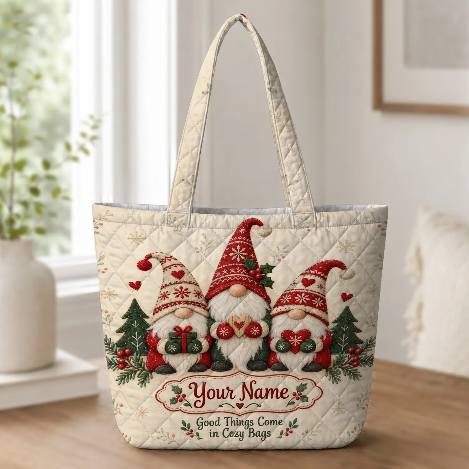 Christmas Gnome Trio with Holly for Cozy Winter Cheer and Festive Holiday Market Days Quilted Tote Bag - 1