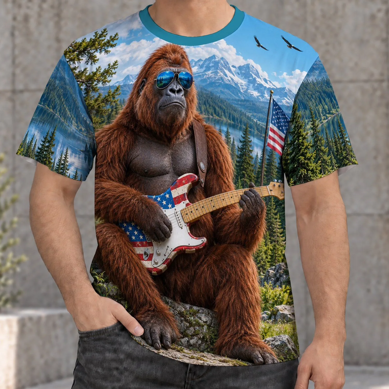Flag-Stripe Guitar and Forest Gorilla for Patriotic Concerts and Outdoor Music Fans All-over Print Unisex T-shirt - 1