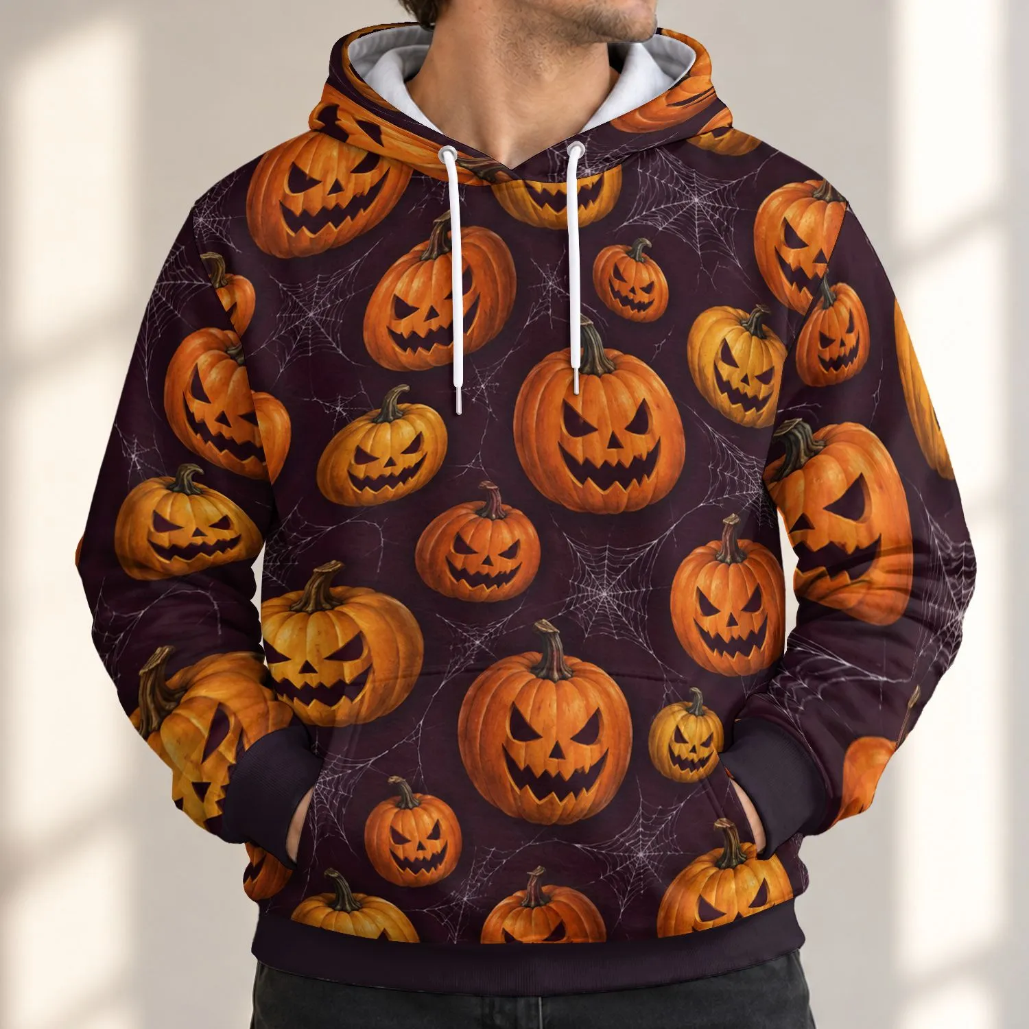 Halloween Jack-O'-Lanterns and Spiderwebs for Autumn Parties and Everyday Seasonal Wear All-over Print Hoodie (Lightweight) - 1
