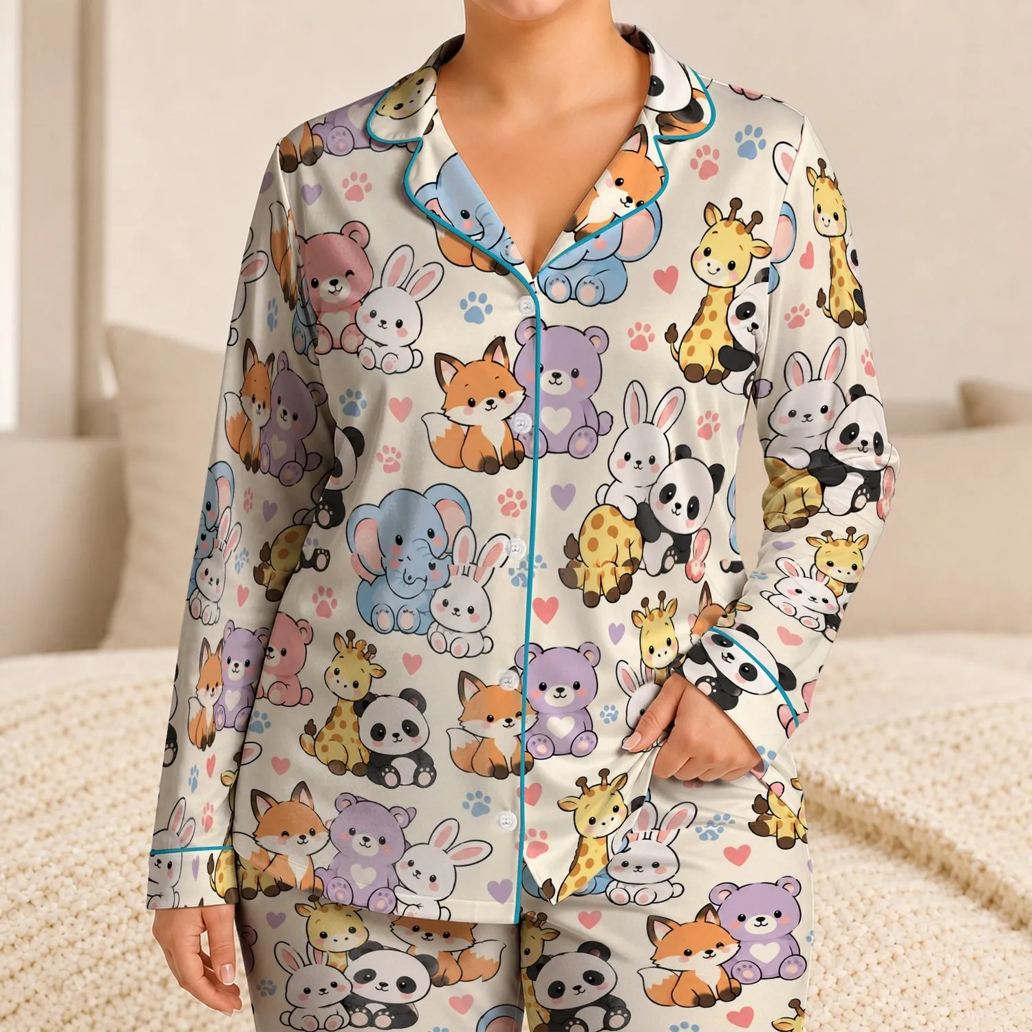 Cute Cartoon Animal Friends for Cozy Evenings and Relaxed Weekend Lounging at Home Satin Pajamas Set - 1