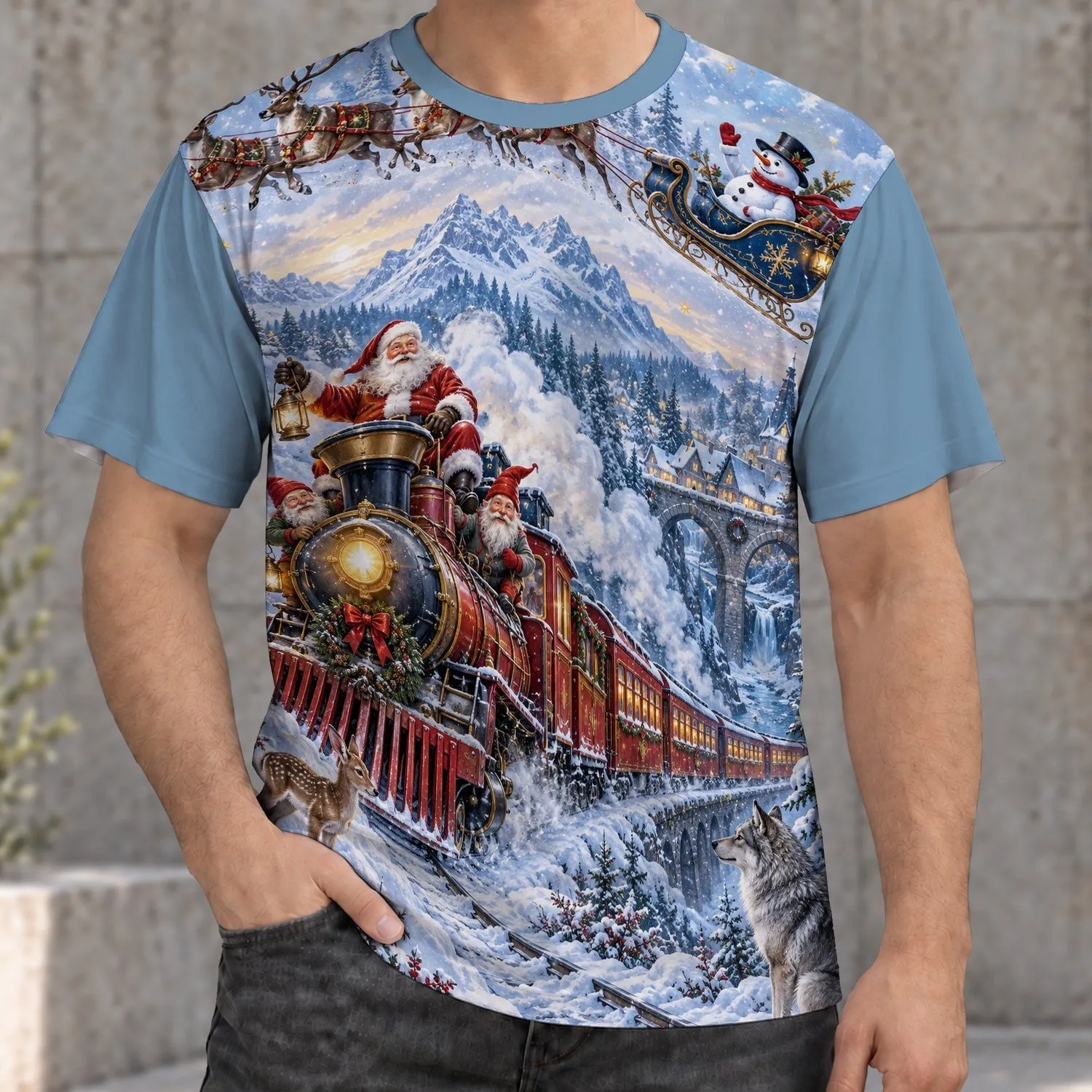 Santa's Winter Train and Reindeer for Christmas Celebrations and Holiday Gatherings All-over Print Unisex T-shirt - 1