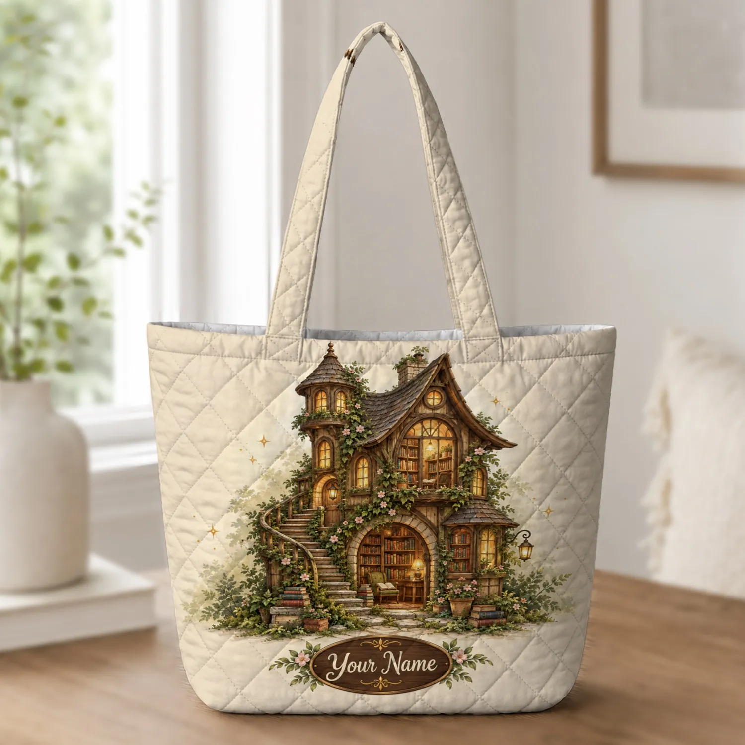 Enchanted Wooden Fairy Library Cottage for Cozy Reading Nooks and Book Lover Gifts Quilted Tote Bag - 1