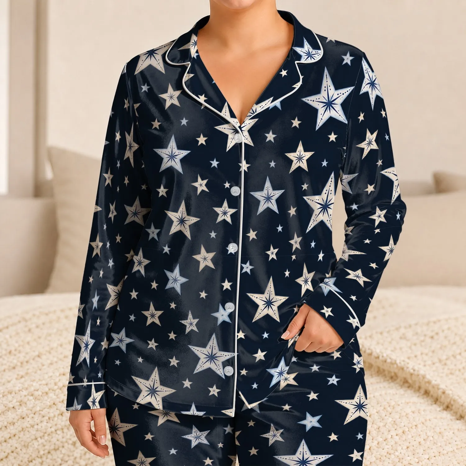 Midnight Silver Stars for Cozy Evenings and Dreamy Nights at Home, a Gift for Her Satin Pajamas Set - 1