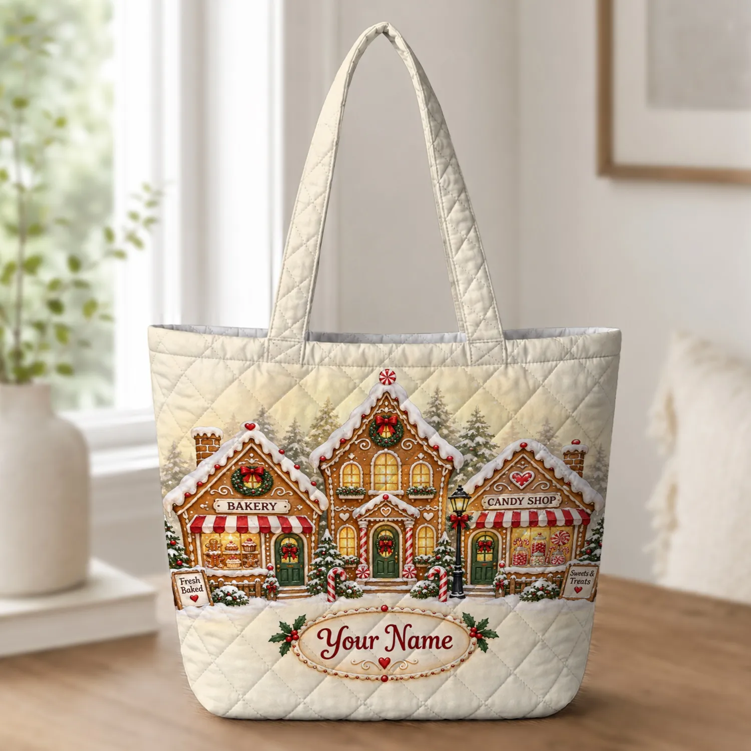 Gingerbread Christmas Village for Cozy Holiday Home Celebrations and Family Gifting Quilted Tote Bag - 1