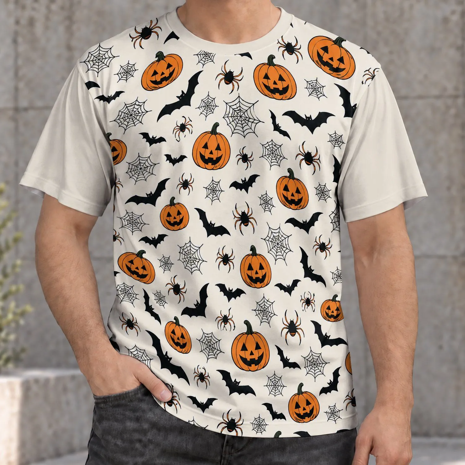 Halloween Pumpkin Bat Spider Motifs for October Parties and Spooky Season Celebrations All-over Print Unisex T-shirt - 1