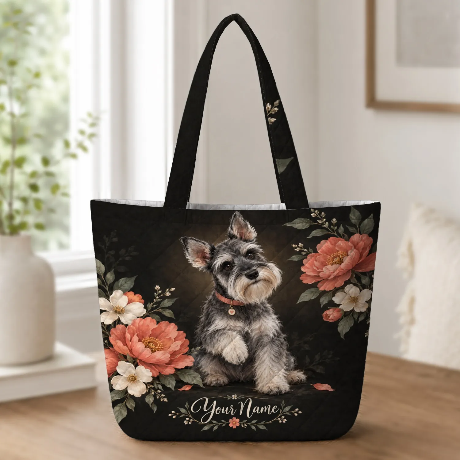 Schnauzer and Coral Blooms for Coffeehouse Days and Everyday Dog-Loving Women Quilted Tote Bag - 1
