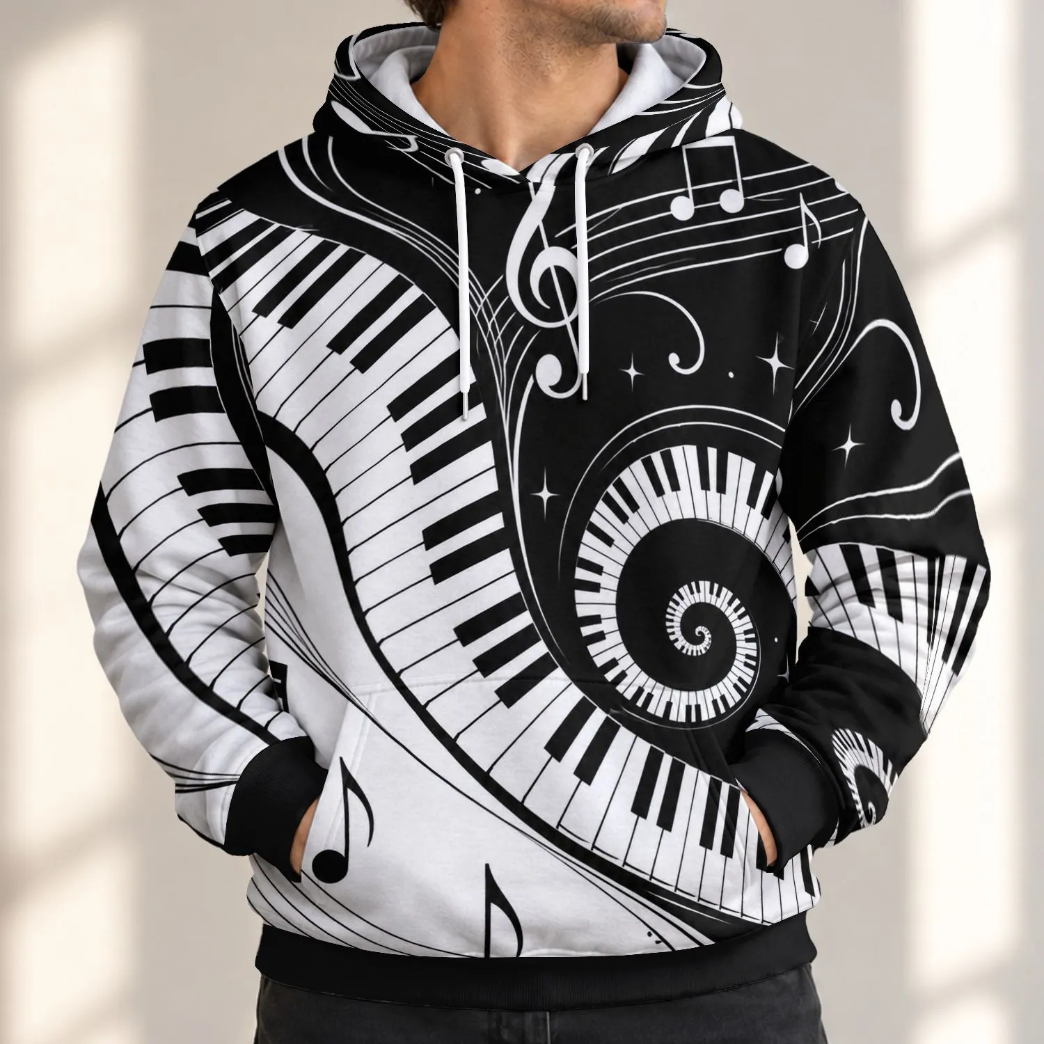 Black And White Piano Keys For Music Lovers, Rehearsals And Everyday Casual Wear All-over Print Hoodie (Lightweight) - 1