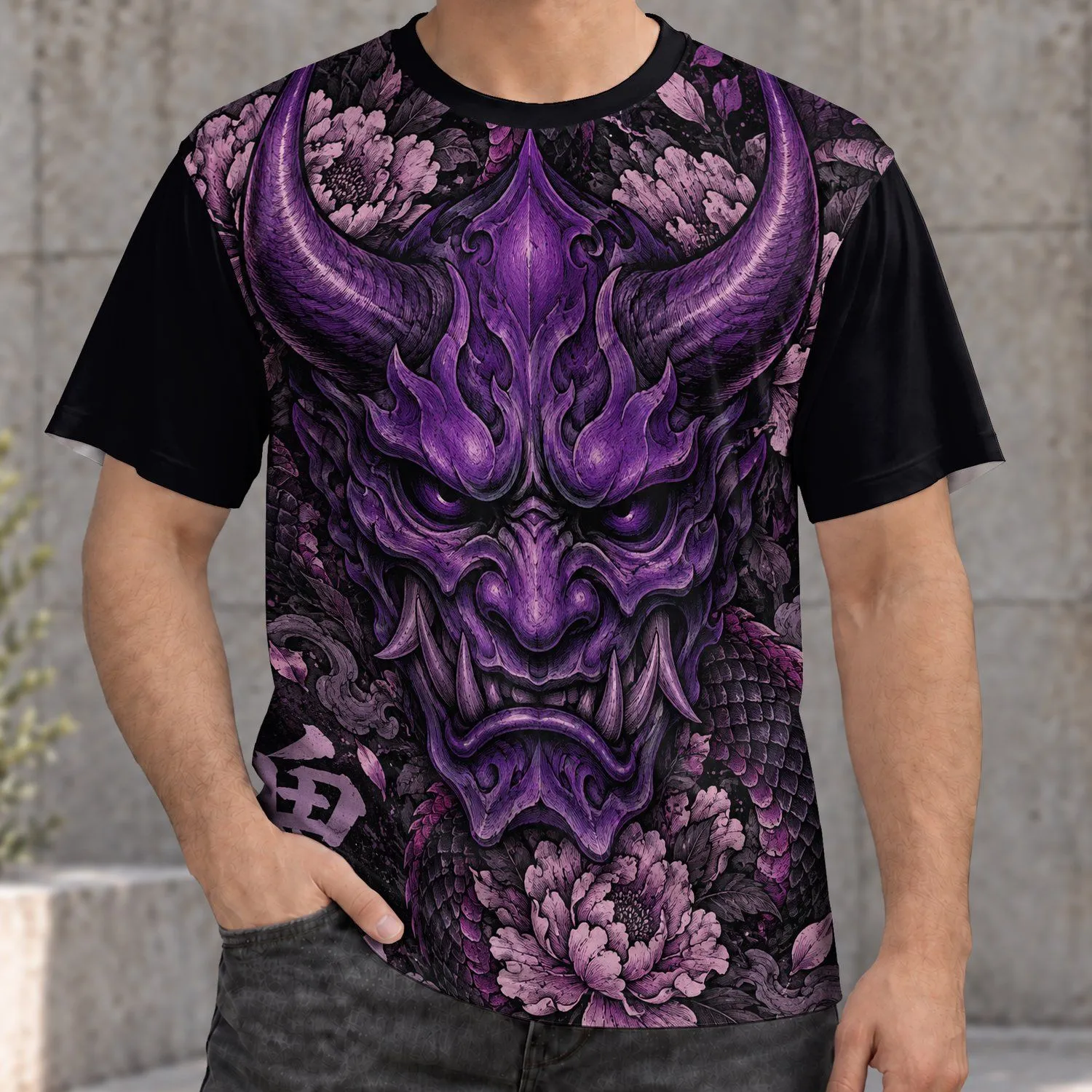 Purple Demon Mask and Scaled Florals for Japanese Festival Nights and Cosplay Fans All-over Print Unisex T-shirt - 1