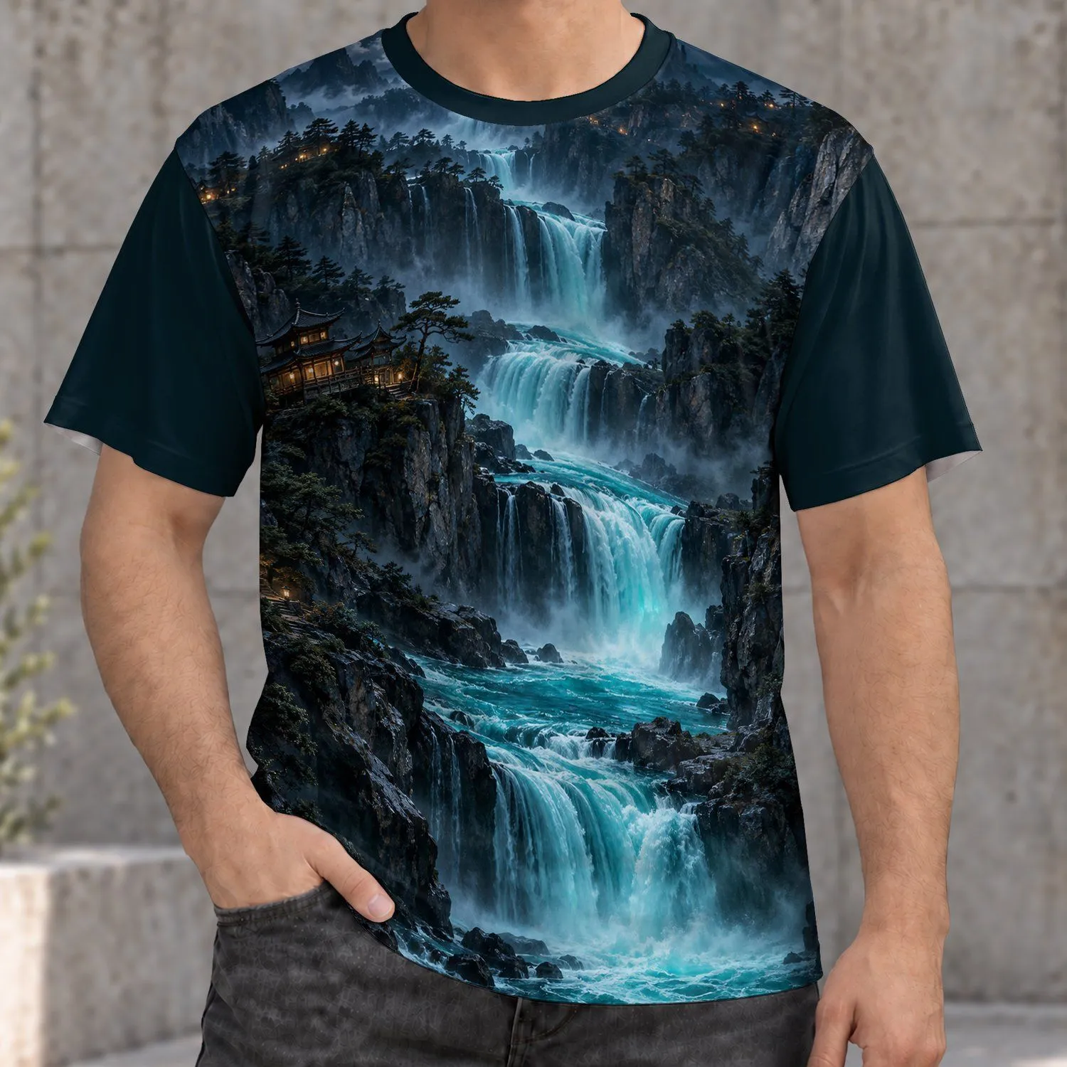 Turquoise Waterfall Nightscape for Quiet Weekend Escapes and Peaceful Outdoor Adventures All-over Print Unisex T-shirt - 1