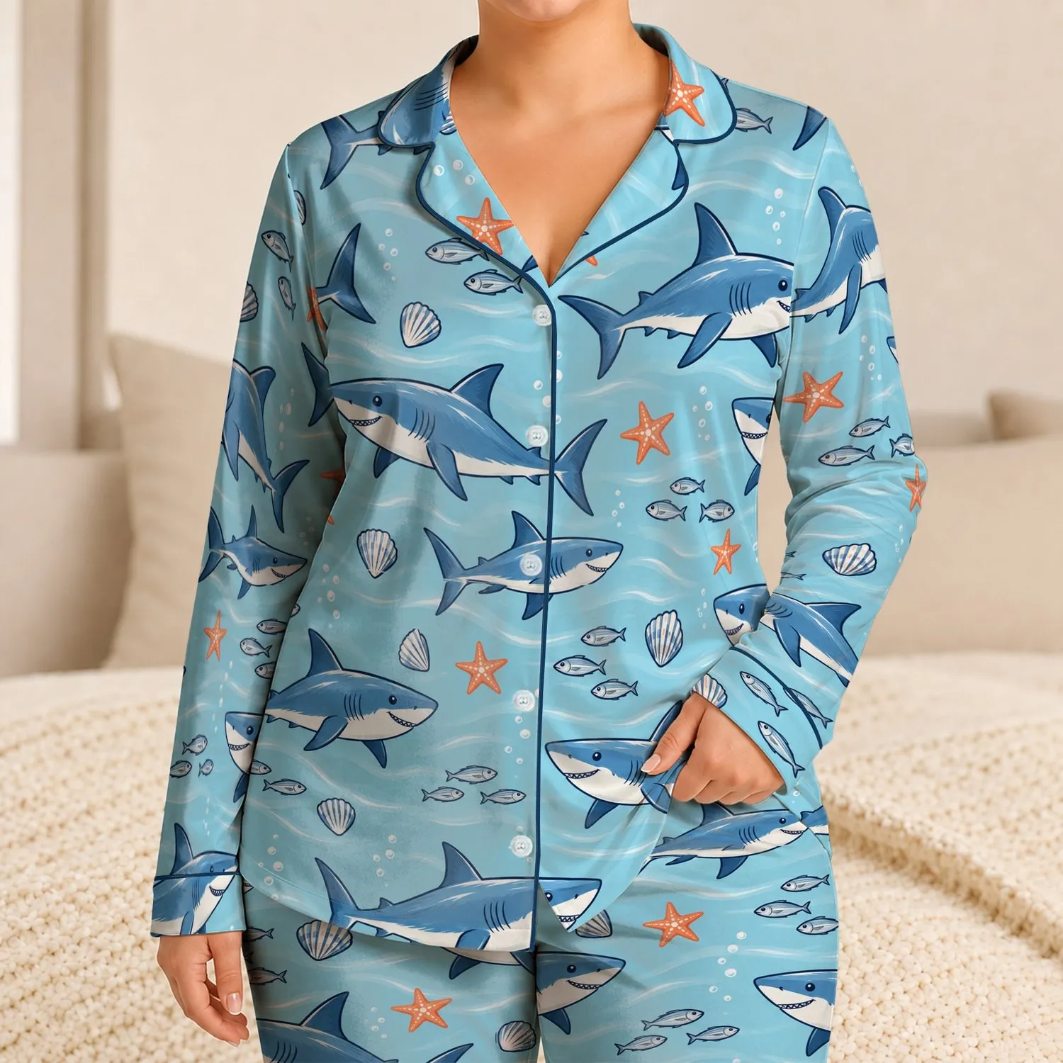 Blue Shark And Sea Life Motifs For Cozy Coastal Weekends And Ocean Loving Women Satin Pajamas Set - 1