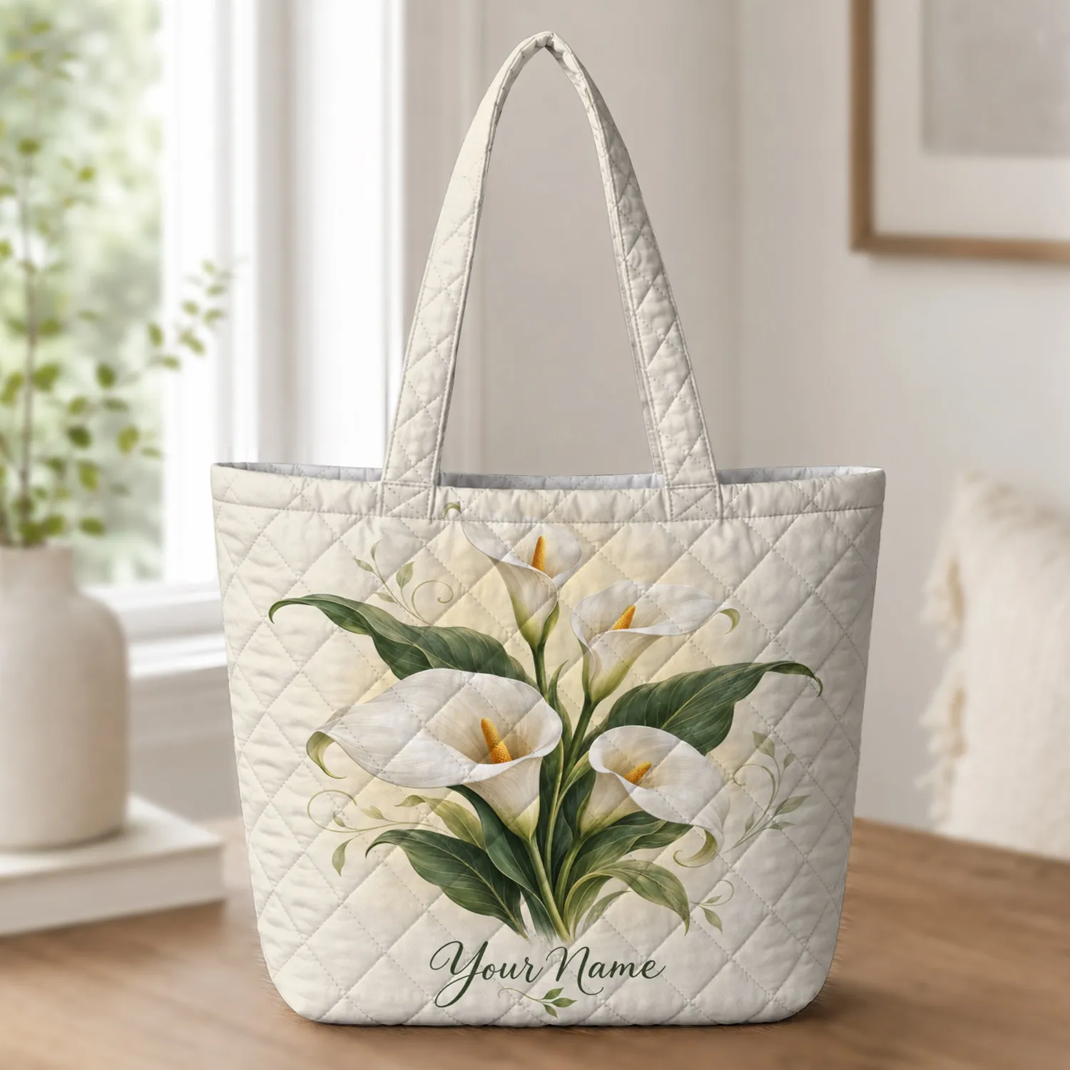 White Calla Lily Bouquet for Everyday Commuting and Thoughtful Gifts for Women and Travel Quilted Tote Bag - 1