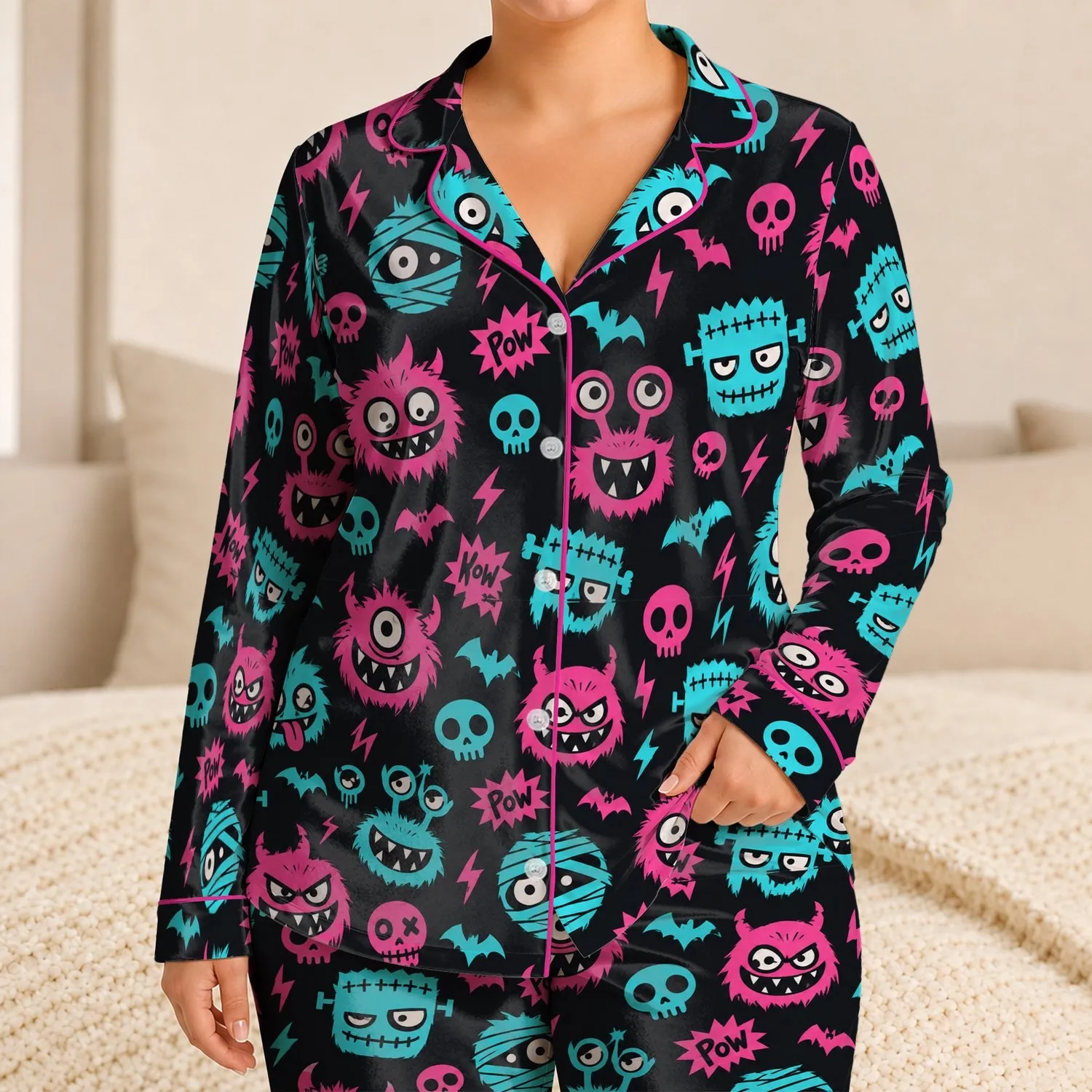 Neon Monster Faces and Comic Doodles for Playful Halloween Nights at Home Satin Pajamas Set - 1