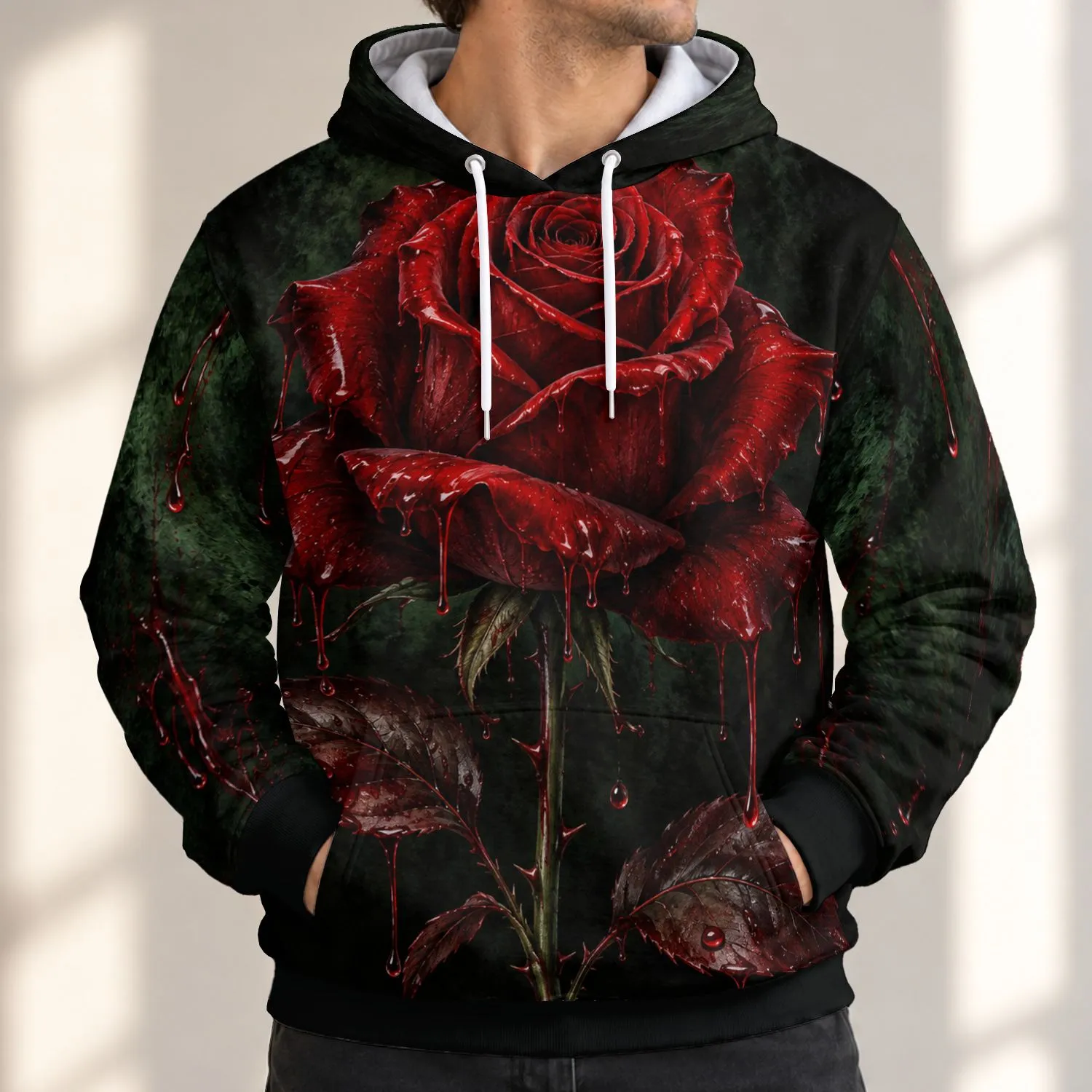 Crimson Rose And Dark Botanical Elegance For Alternative Everyday Style All-over Print Hoodie (Lightweight) - 1