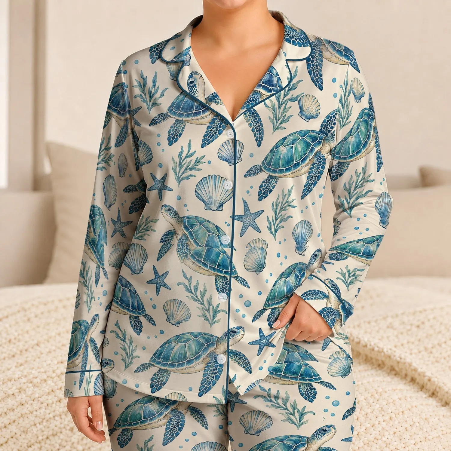 Charming Sea Turtle And Seashell Motifs For Relaxed Coastal Evenings And Summer Getaways Satin Pajamas Set - 1