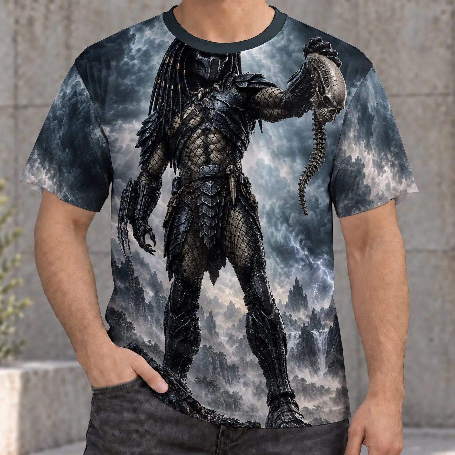 Armored Alien Hunter with Skull for Sci-Fi Fans and Halloween Cosplay Enthusiasts All-over Print Unisex T-shirt - 1