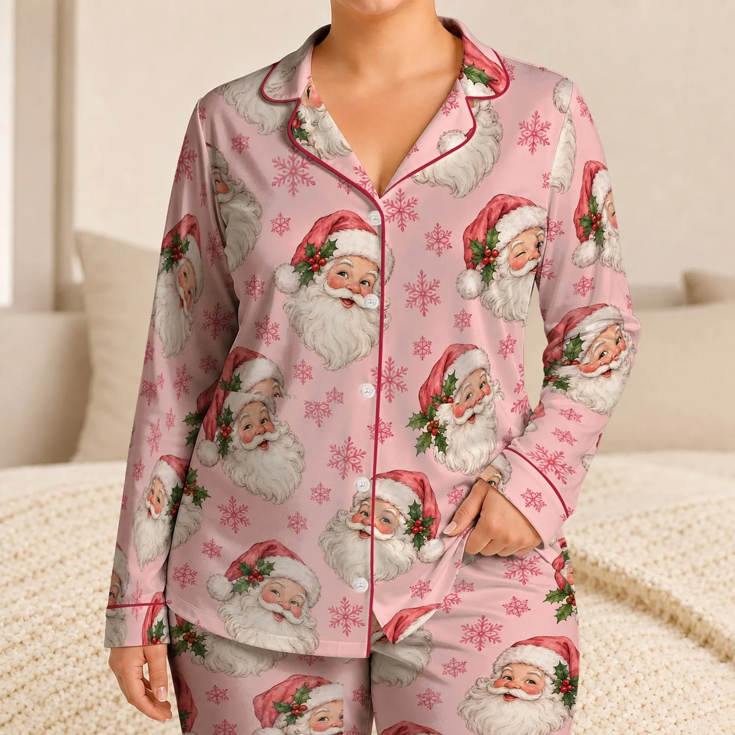 Vintage Santa Claus and Snowflakes for Cozy Christmas Eve Lounging and Holiday Cheer Satin Pajamas Set - 1