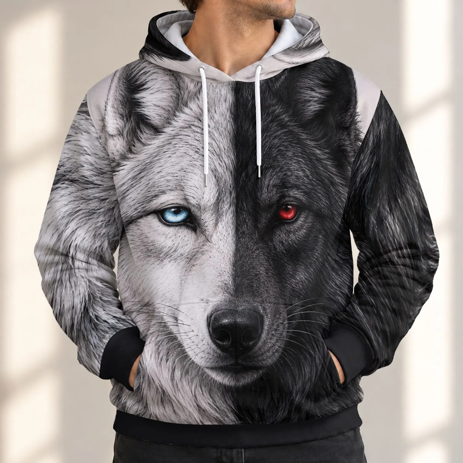Split Face Wolf Portrait With Bold Dual Tones For Outdoor Adventure Enthusiasts All-over Print Hoodie (Lightweight) - 1