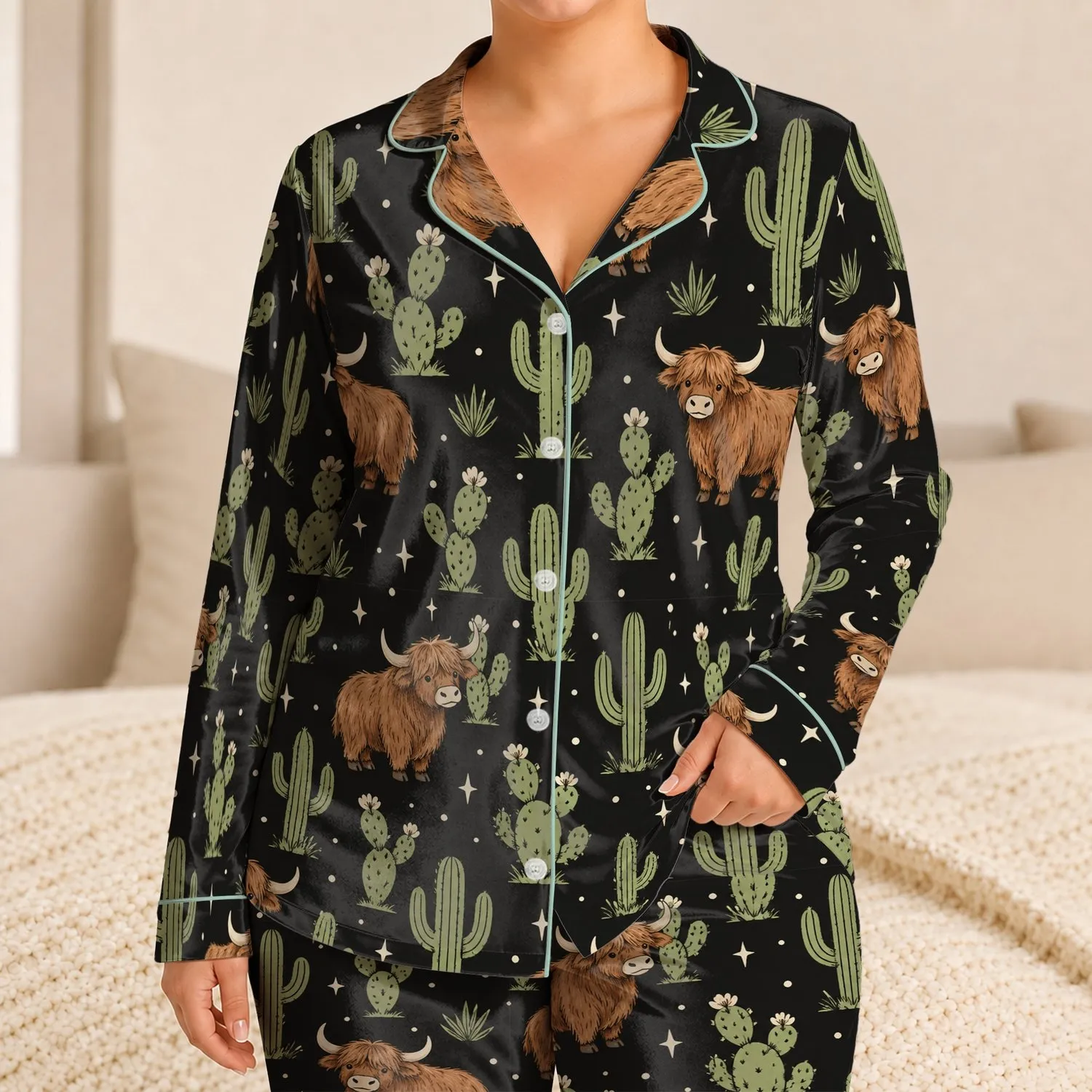 Cactus and Highland Yak Motifs for Cozy Desert Nights and Relaxed Lounging at Home Satin Pajamas Set - 1