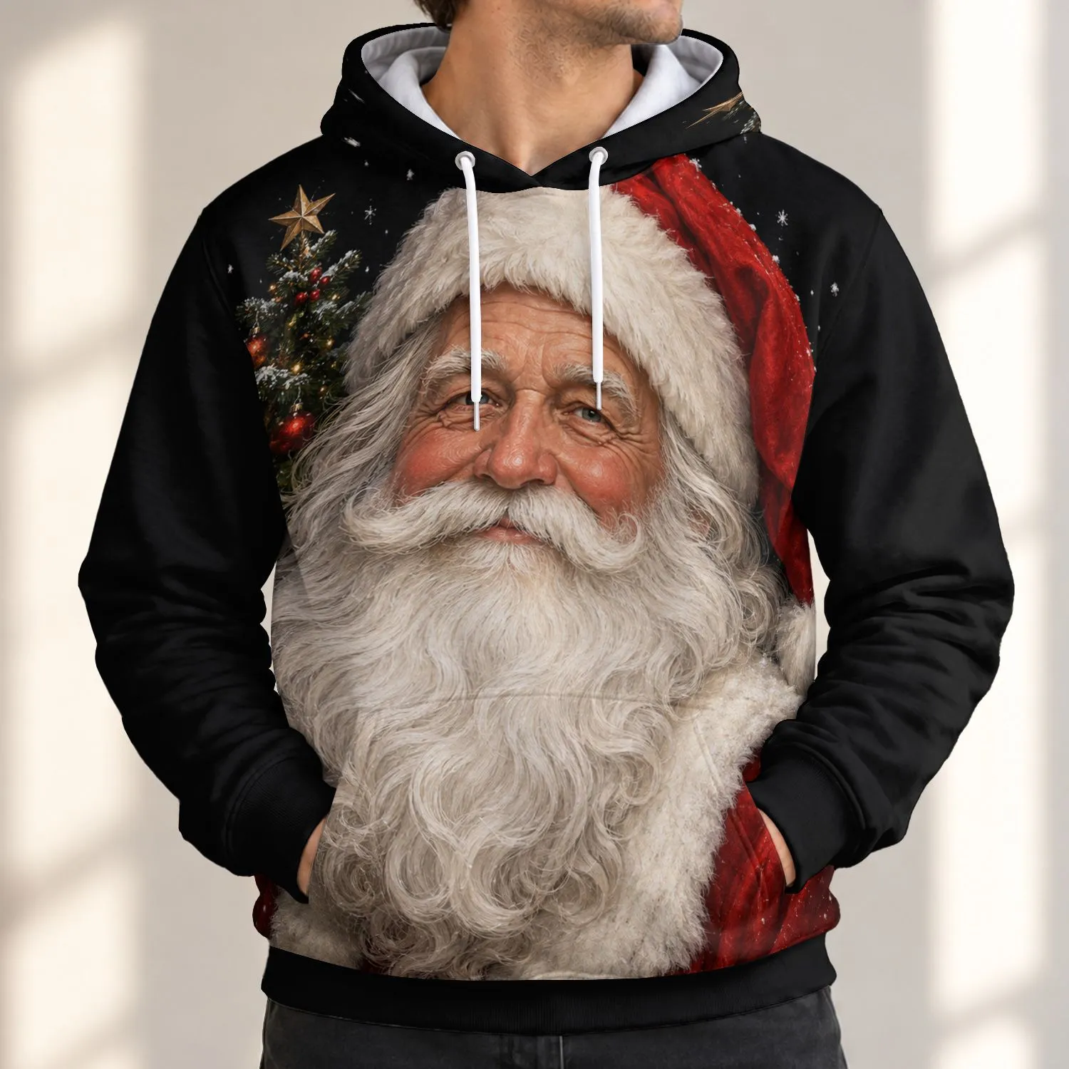Realistic Santa Portrait With Christmas Tree For Holiday Celebrations All-over Print Hoodie (Lightweight) - 1