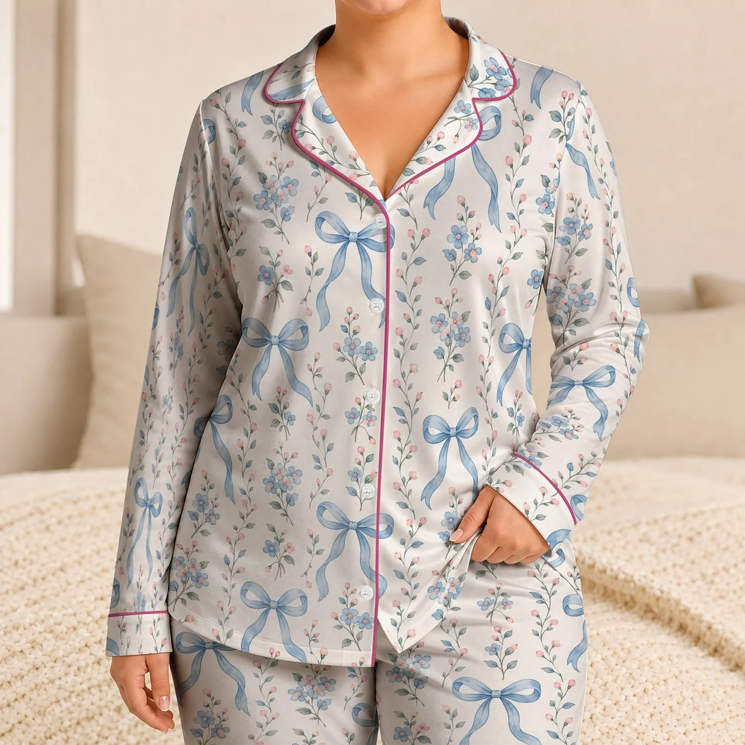 Blue Ribbon Bows and Blossoms for Elegant Summer Lounging and Thoughtful Gift Giving Satin Pajamas Set - 1
