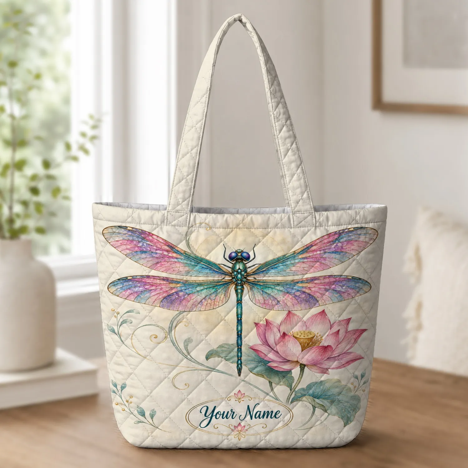 Colorful Dragonfly And Lotus Motif For Spring Outings And Nature-Loving Gift Giving Quilted Tote Bag - 1