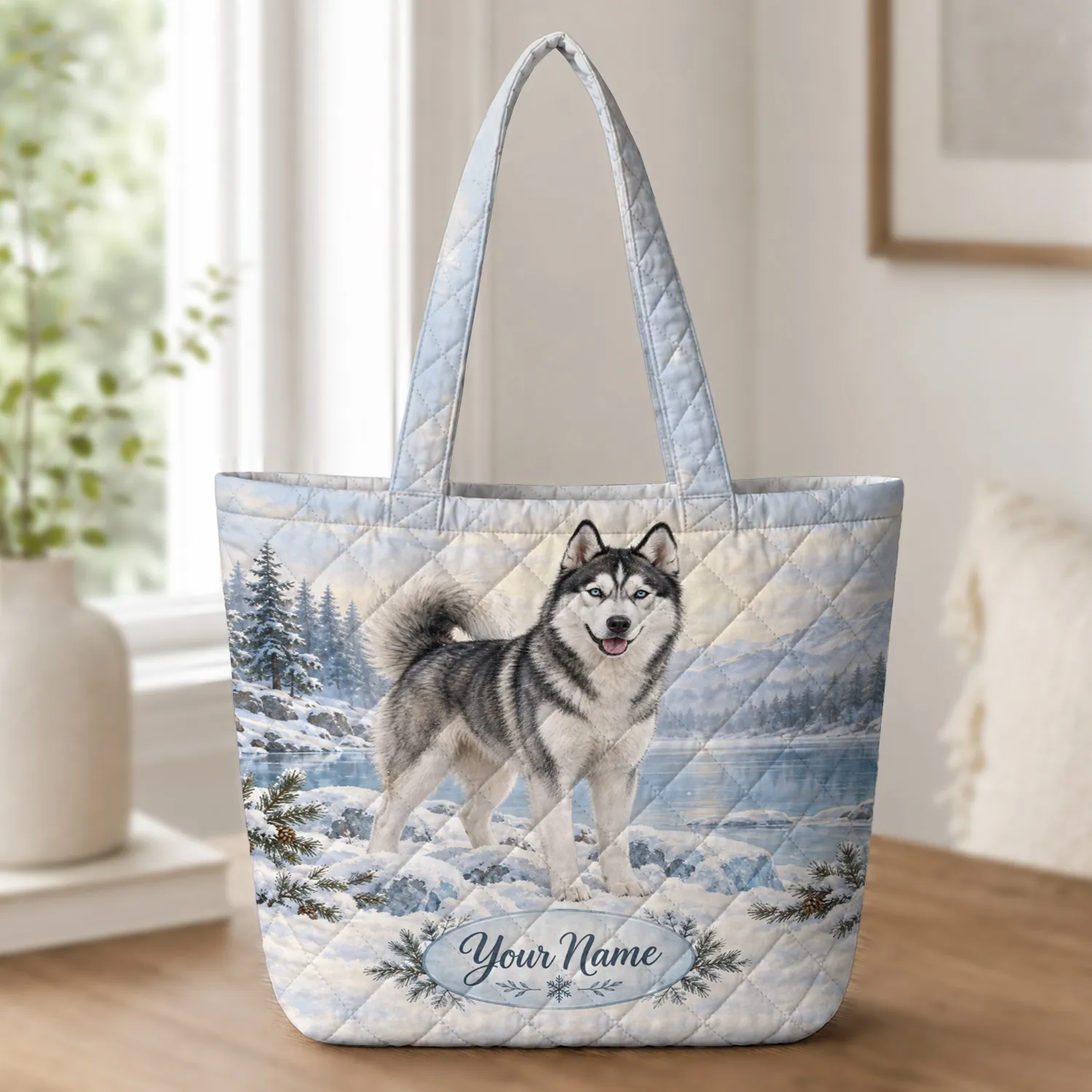 Siberian Husky in Snowy Forest for Winter Walks and Cozy Outdoor Days for Dog Lovers Quilted Tote Bag - 1