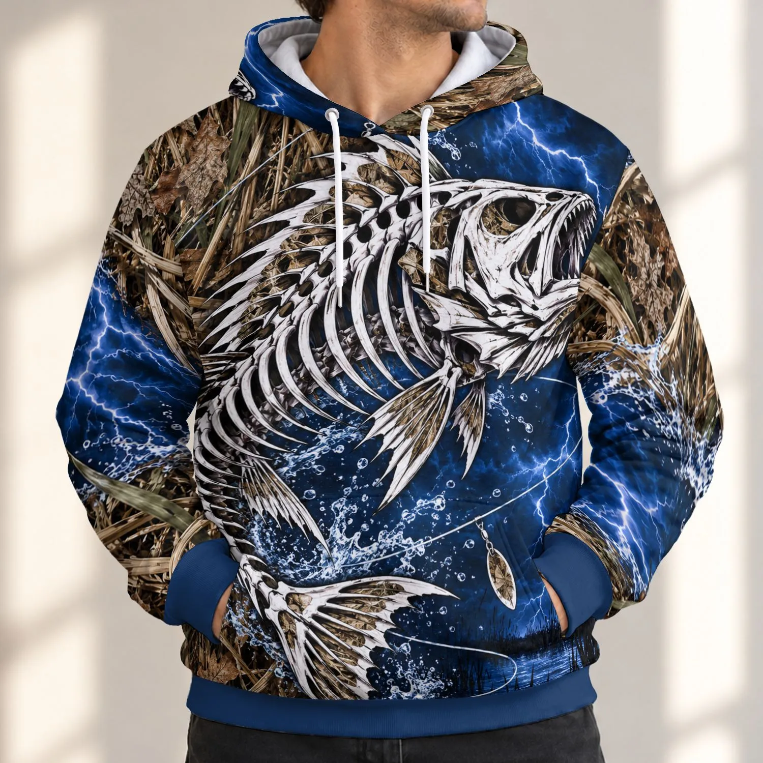 Marsh Fishing Skeleton And Lightning Art For Outdoor Anglers And Weekend Adventures All-over Print Hoodie (Lightweight) - 1