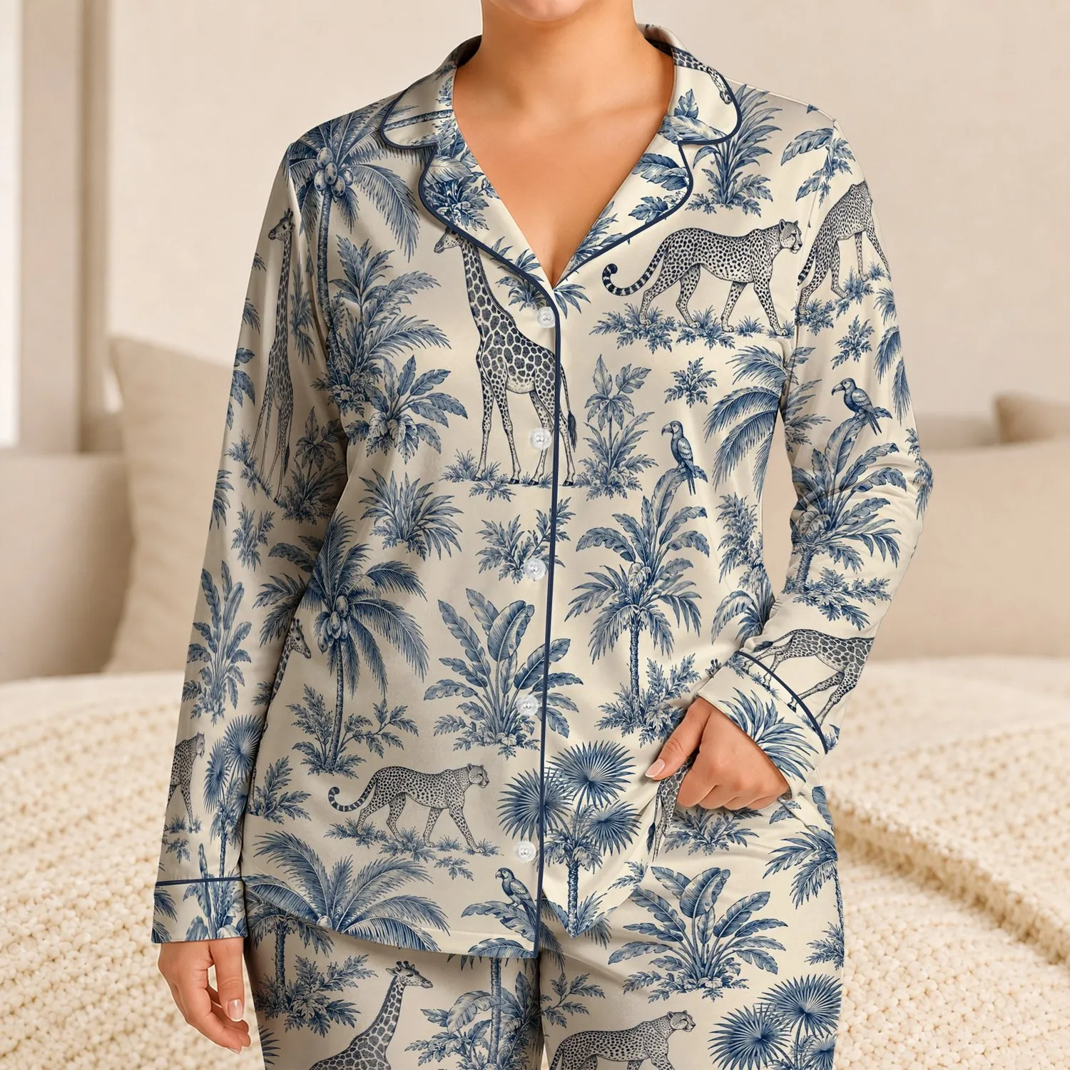 Navy Safari Palms and Spotted Wildlife for Relaxed Tropical Getaways and Nature Lovers Satin Pajamas Set - 1