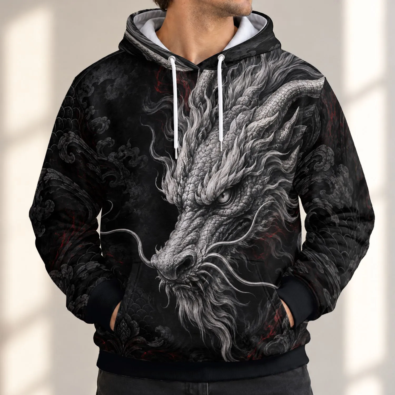 Silver Dragon Head for Bold Everyday Adventures, Night Out Style and Fantasy Fans All-over Print Hoodie (Lightweight) - 1