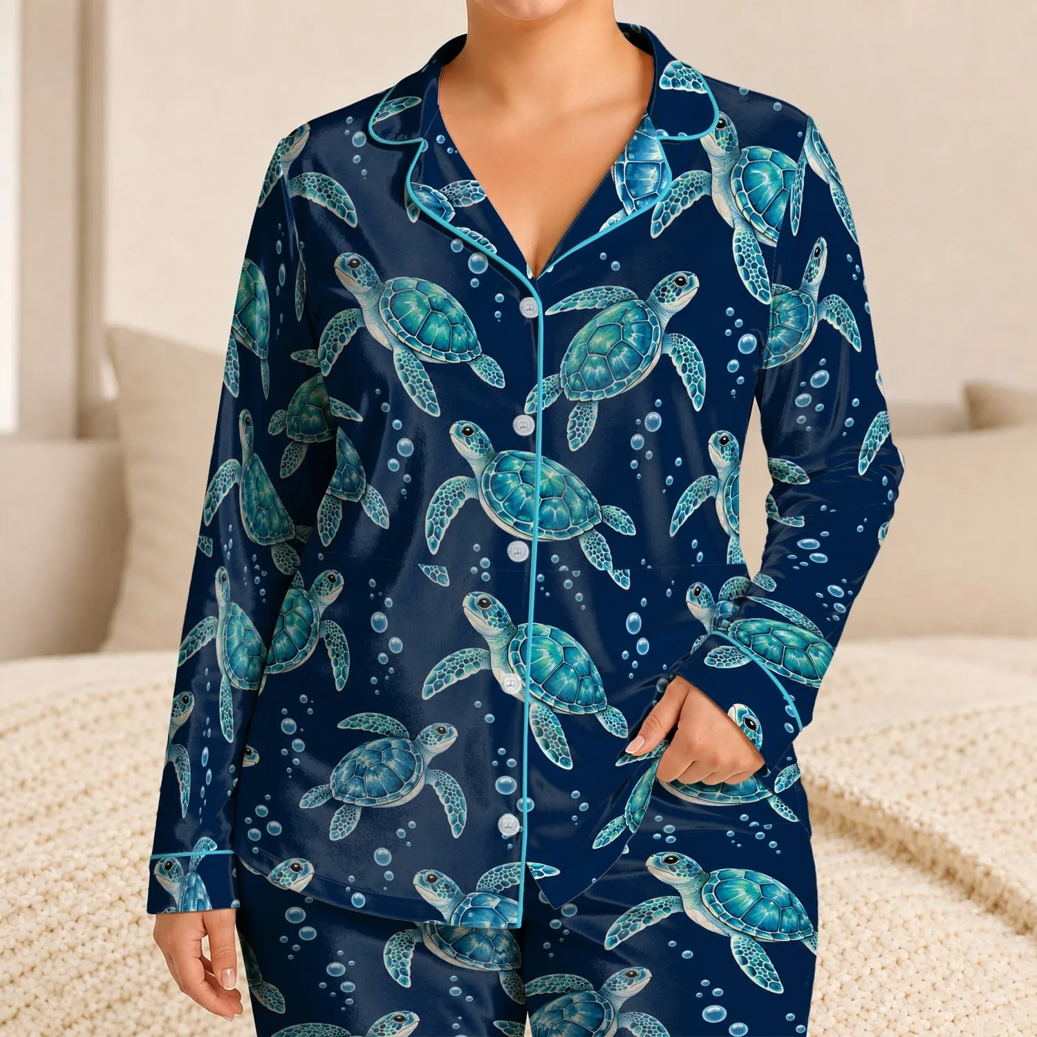Turquoise Sea Turtles For Relaxed Coastal Evenings And Ocean-Loving Women Satin Pajamas Set - 1