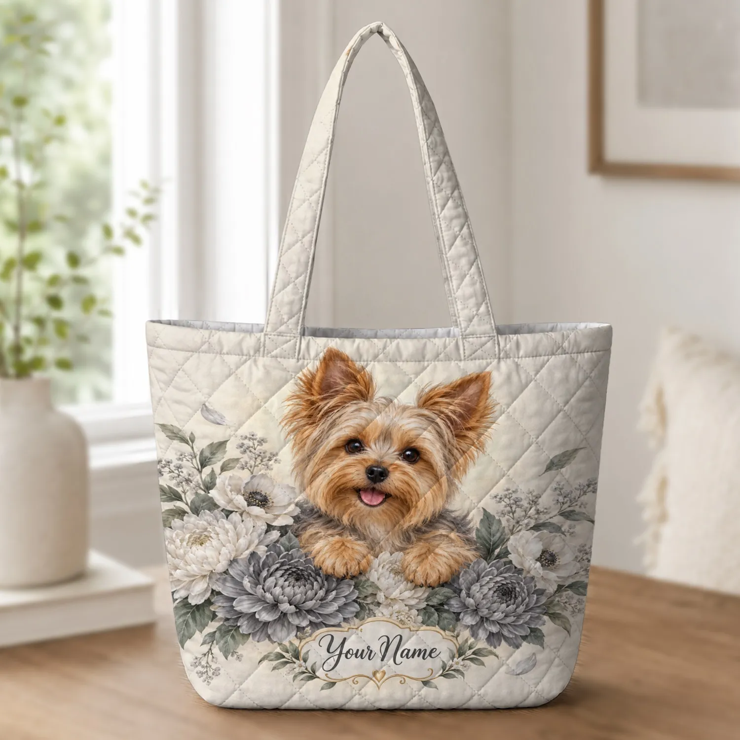 Golden Terrier Among Monochrome Blooms for Everyday Shopping and Travel Companion Quilted Tote Bag - 1