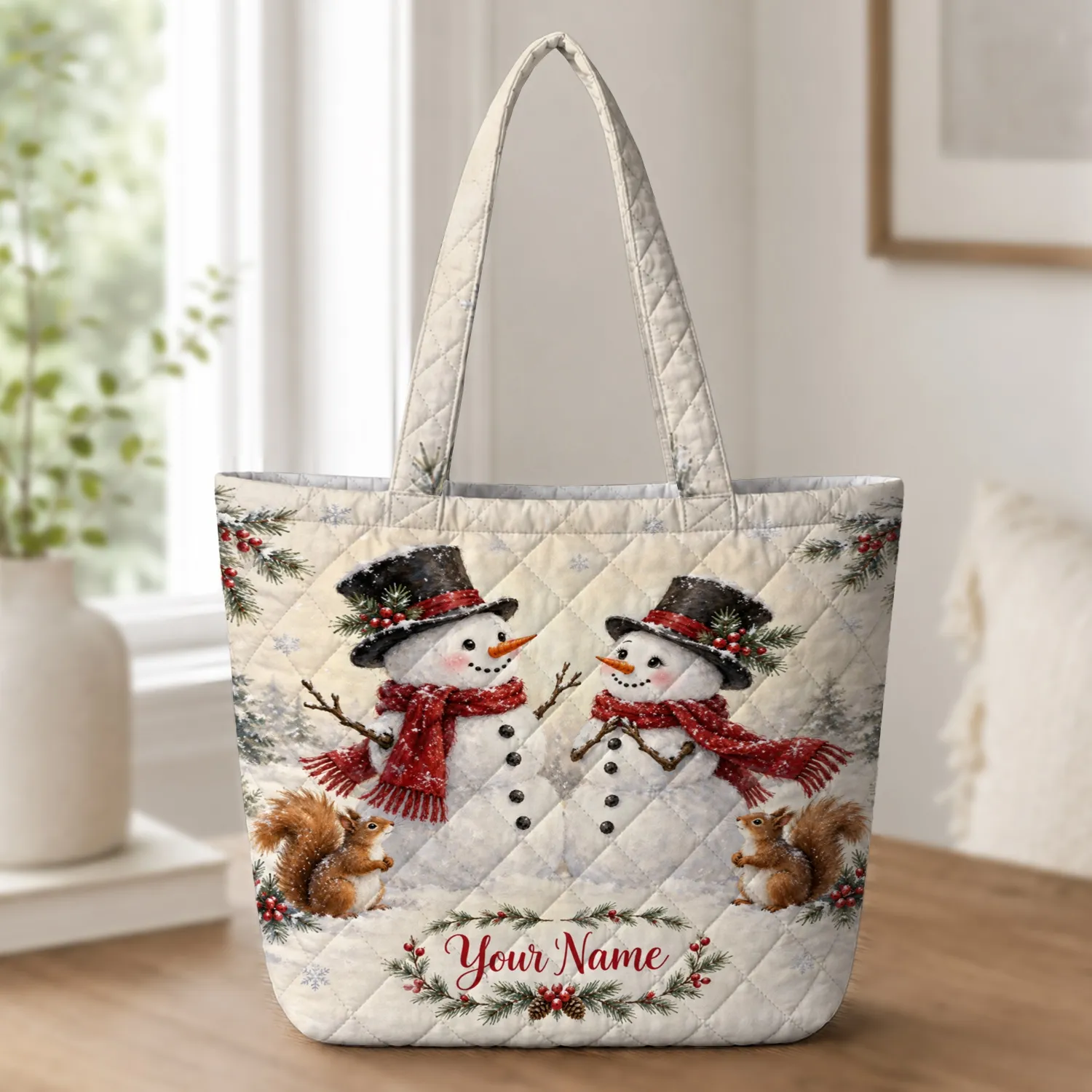 Snowpeople and Squirrels in a Winter Holiday Scene for Cozy Seasonal Outings Quilted Tote Bag - 1