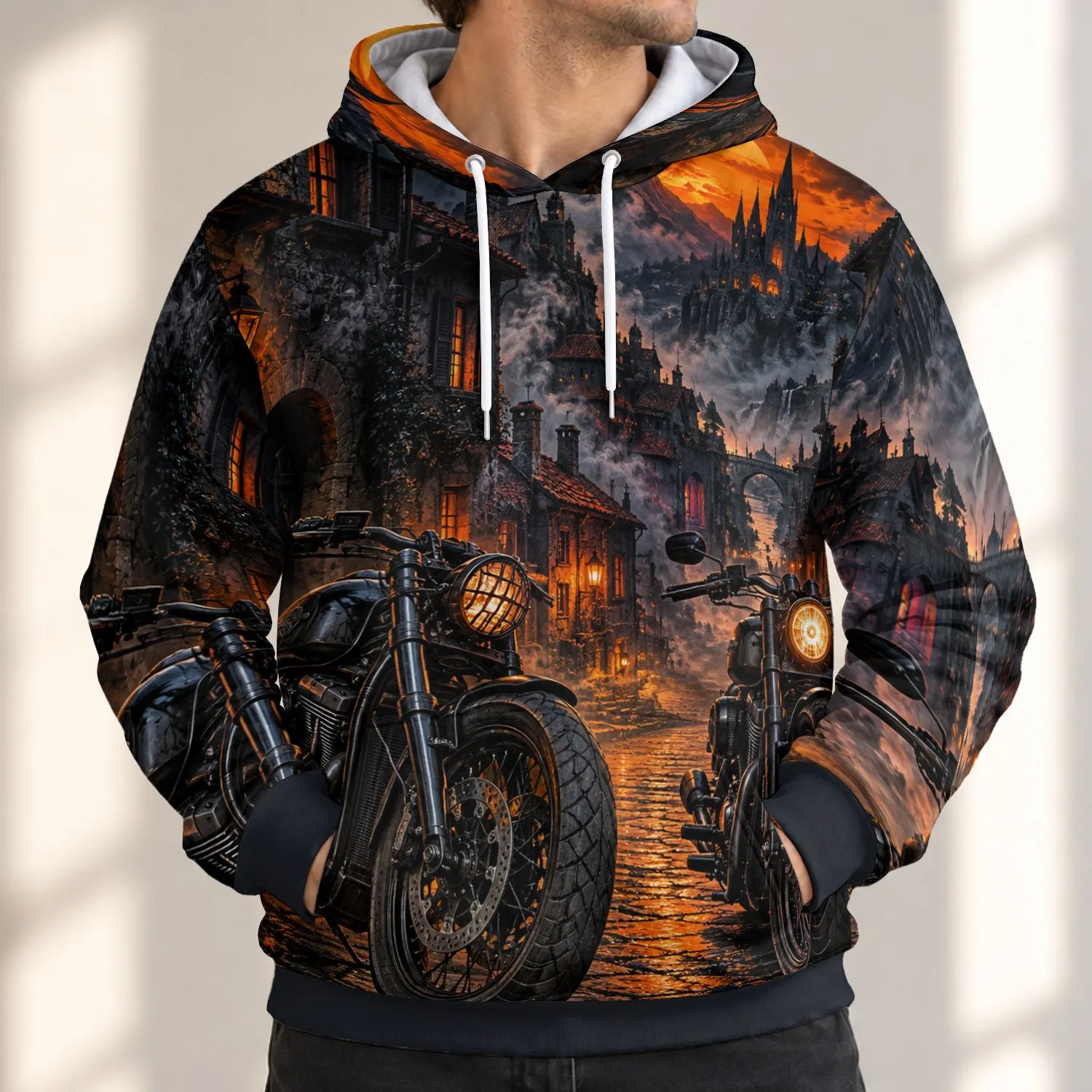 Orange Motorcycle Street Scene for Bold Roadside Adventure and Weekend Touring Enthusiasts All-over Print Hoodie (Lightweight) - 1