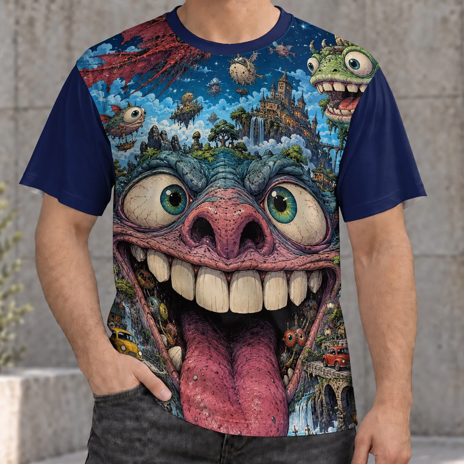 Surreal Monster Face and Cosmic Creature Scene for Festivals and Bold Street Style All-over Print Unisex T-shirt - 1